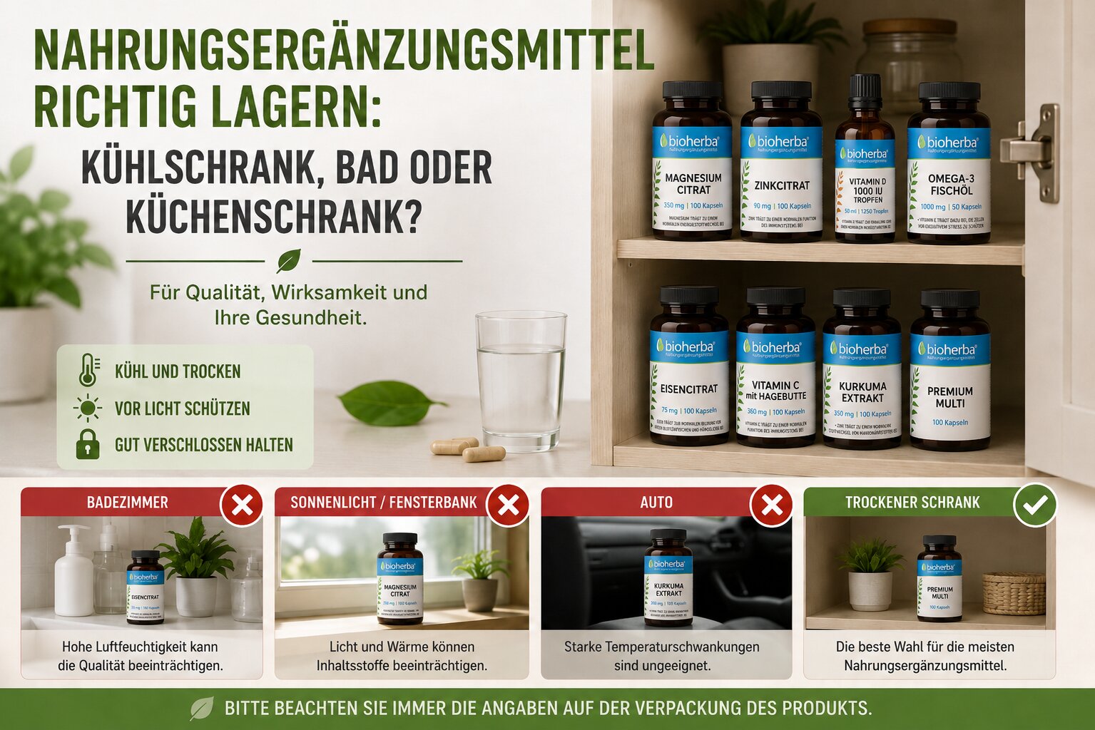 Nahrungsergänzungsmittel richtig lagern: Kühlschrank, Bad oder Küchenschrank?