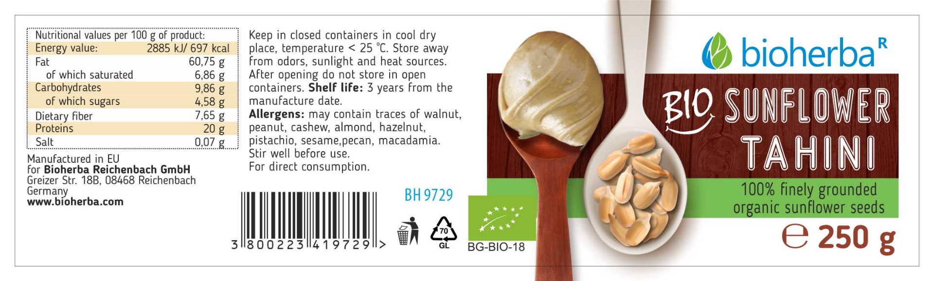 Tahini bio din semințe de floarea-soarelui Bioherba