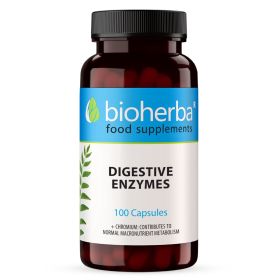 Enzime digestive capsule Bioherba, supliment alimentar cu pancreatină, bromelaină, papaya, betaină și crom