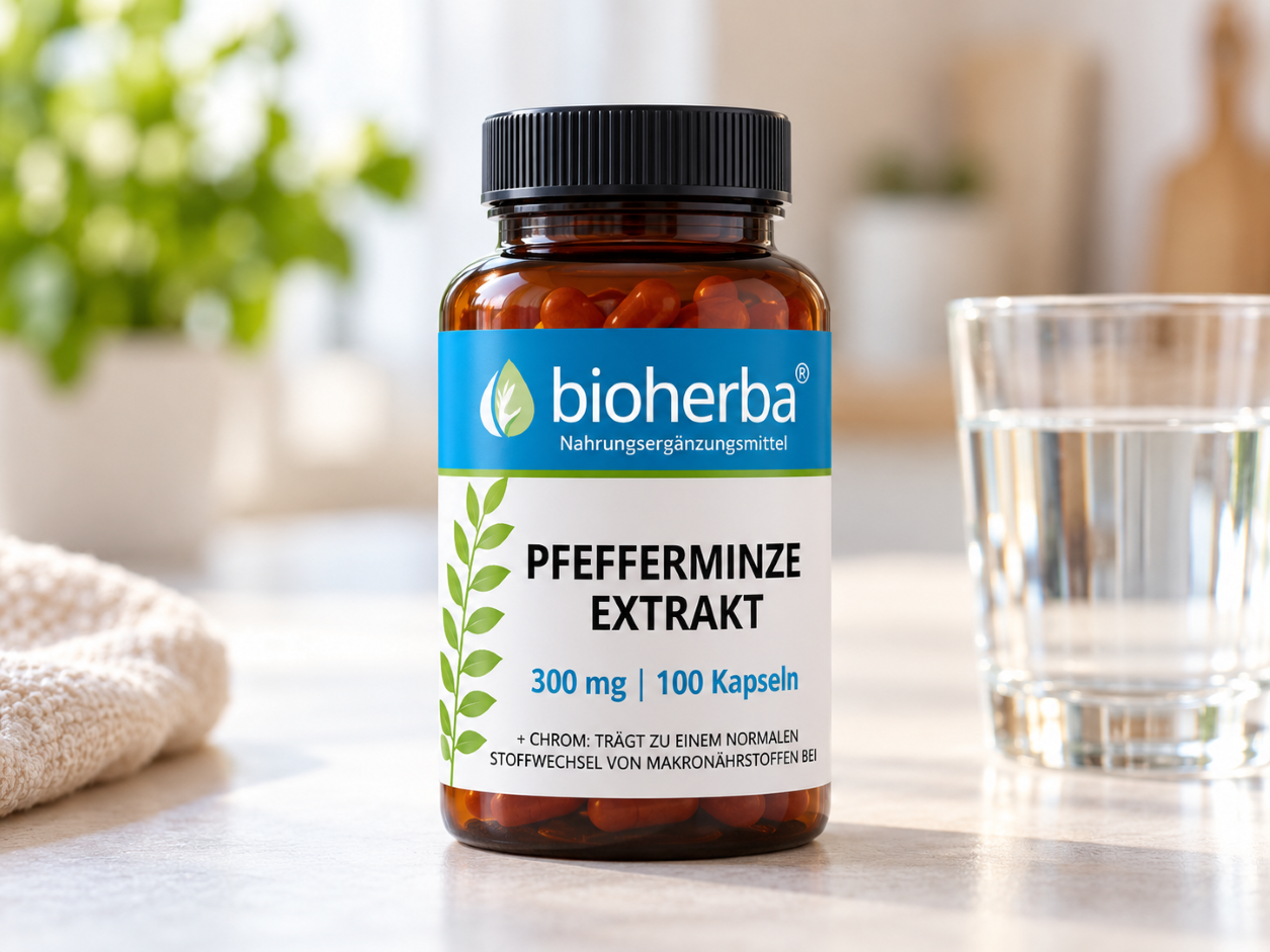 Bioherba Brennnessel Extrakt 250 mg mit Eisen &ndash; 100 Kapseln auf einem Tisch mit Brennnesselbl&auml;ttern und einem Mann im Hintergrund