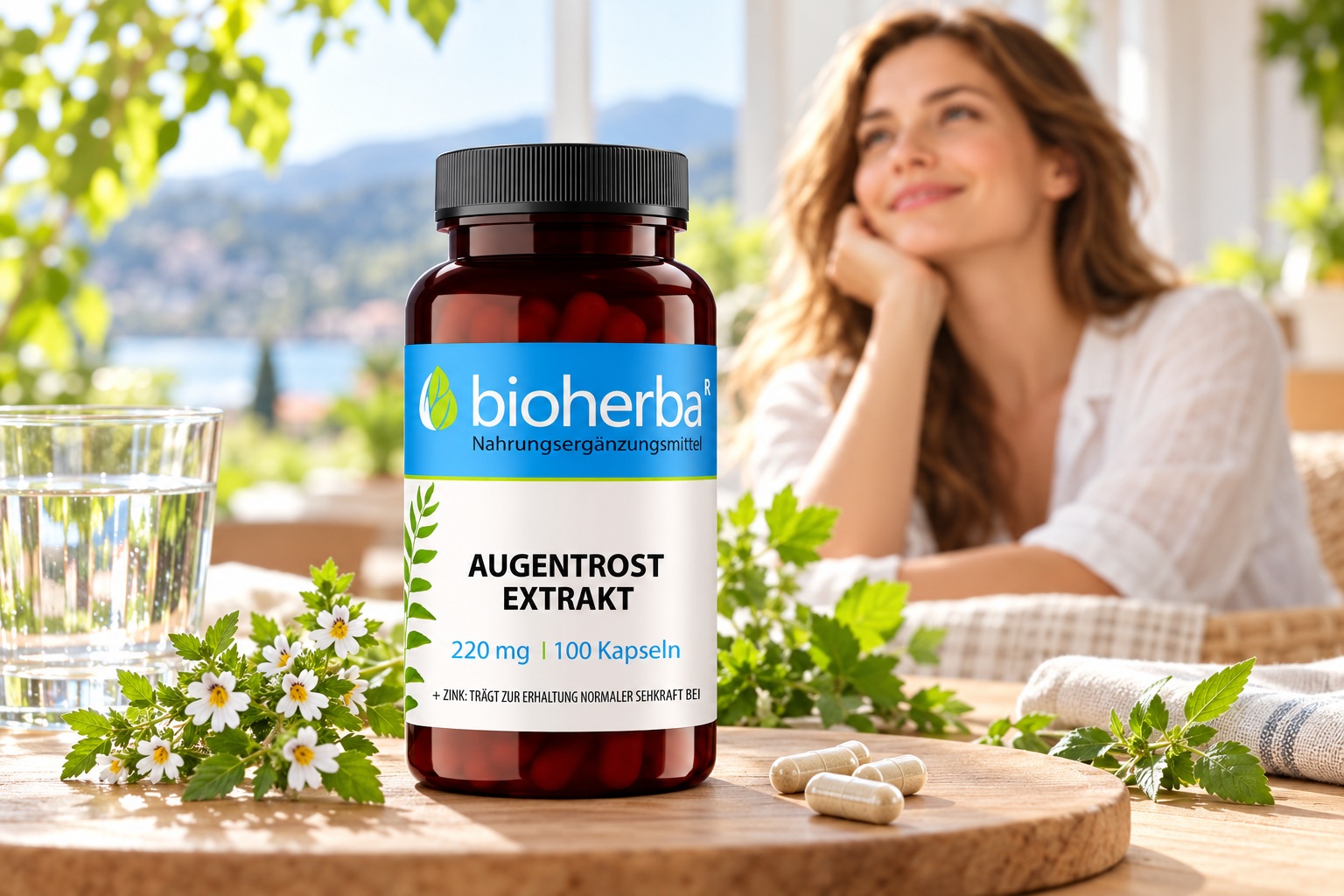Bioherba Augentrost Extrakt 220 mg – 100 Kapseln auf einem Holztisch neben einem Wasserglas, weißen Blüten und grünen Blättern, mit einer Frau im Hintergrund.
