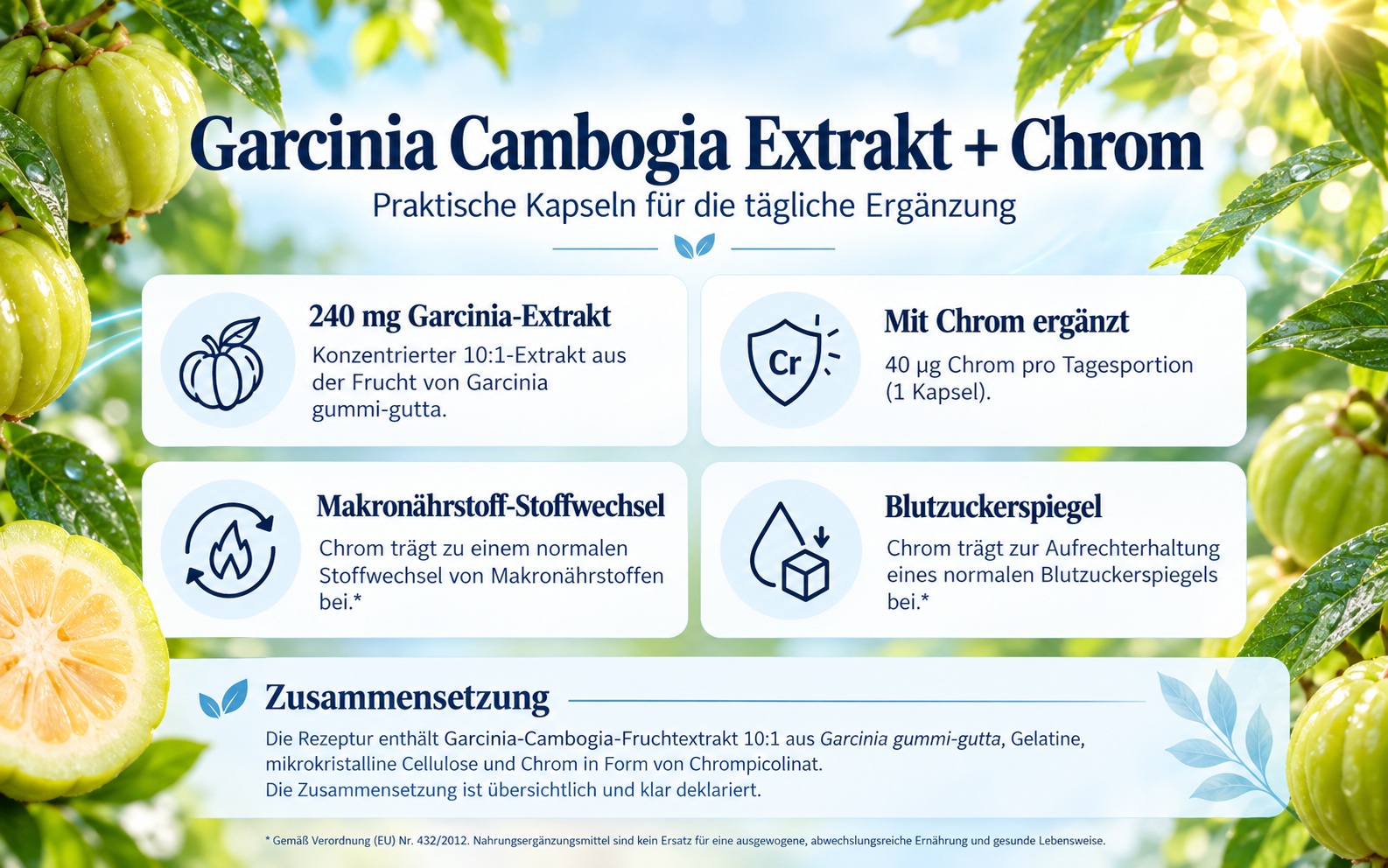 Garcinia Cambogia Extrakt 240 mg mit Chrom &ndash; Infografik zur Zusammensetzung und zu den Funktionen von Chrom, umrahmt von Fr&uuml;chten und gr&uuml;nen Bl&auml;ttern.