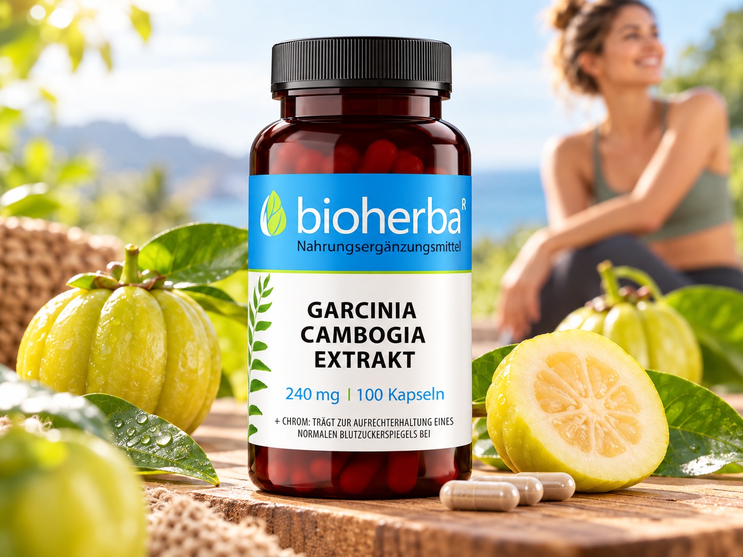 Bioherba Garcinia Cambogia Extrakt 240 mg &ndash; 100 Kapseln auf einem Holztisch, umgeben von gelbgr&uuml;nen Fr&uuml;chten und Bl&auml;ttern, mit einer Frau im Hintergrund.