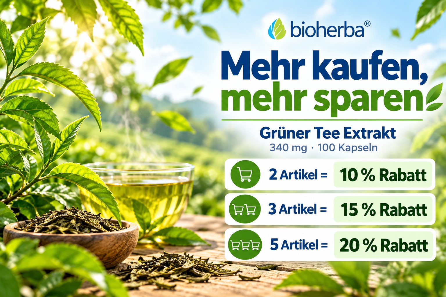 Mehr kaufen, mehr sparen: Bioherba Gr&uuml;ner Tee Extrakt 340 mg &ndash; 10 % Rabatt bei 2 Packungen, 15 % bei 3 Packungen und 20 % bei 5 Packungen.