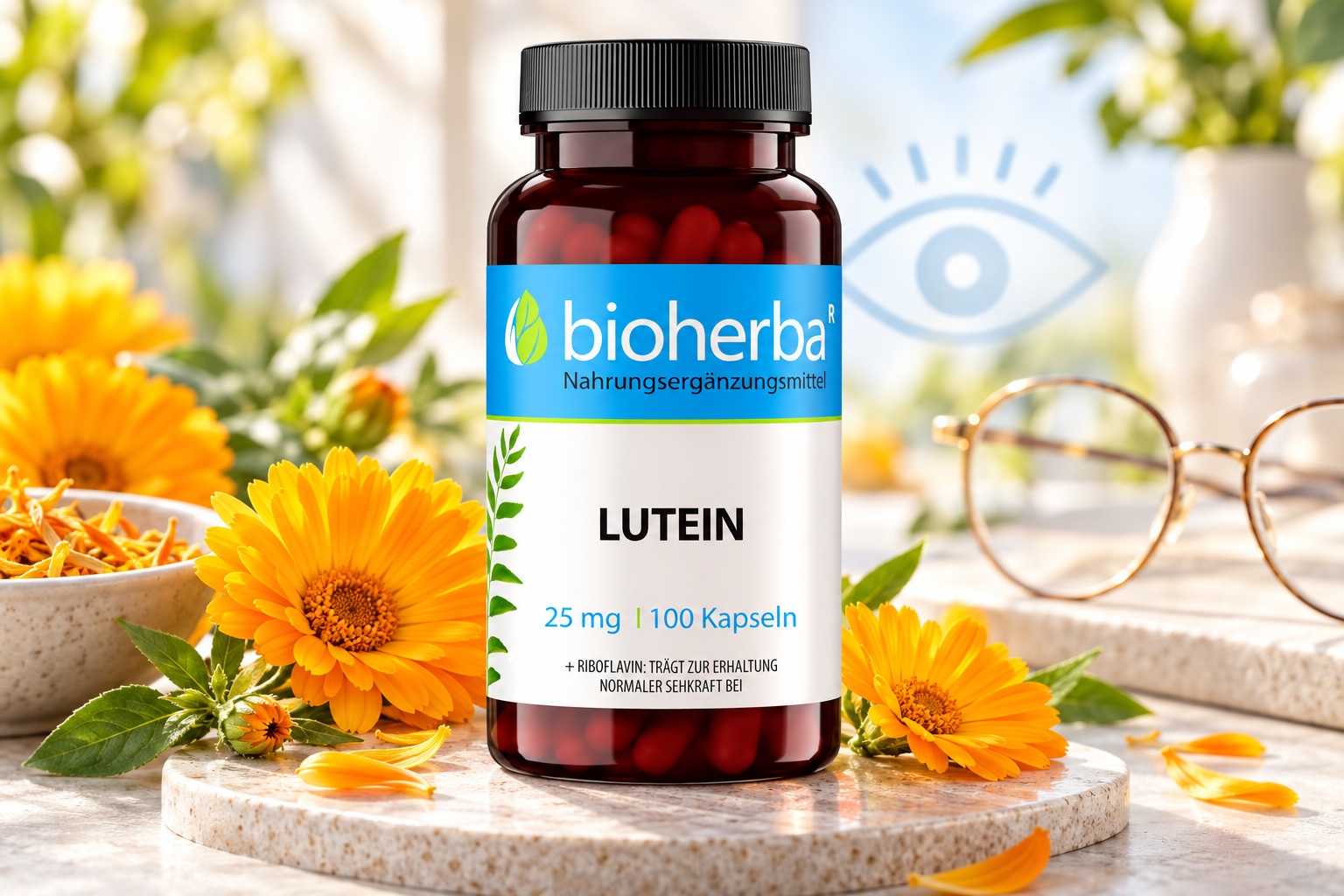 Bioherba Lutein 25 mg mit Riboflavin, Ringelblumen und Brille in einer hellen, natürlichen Szene.
