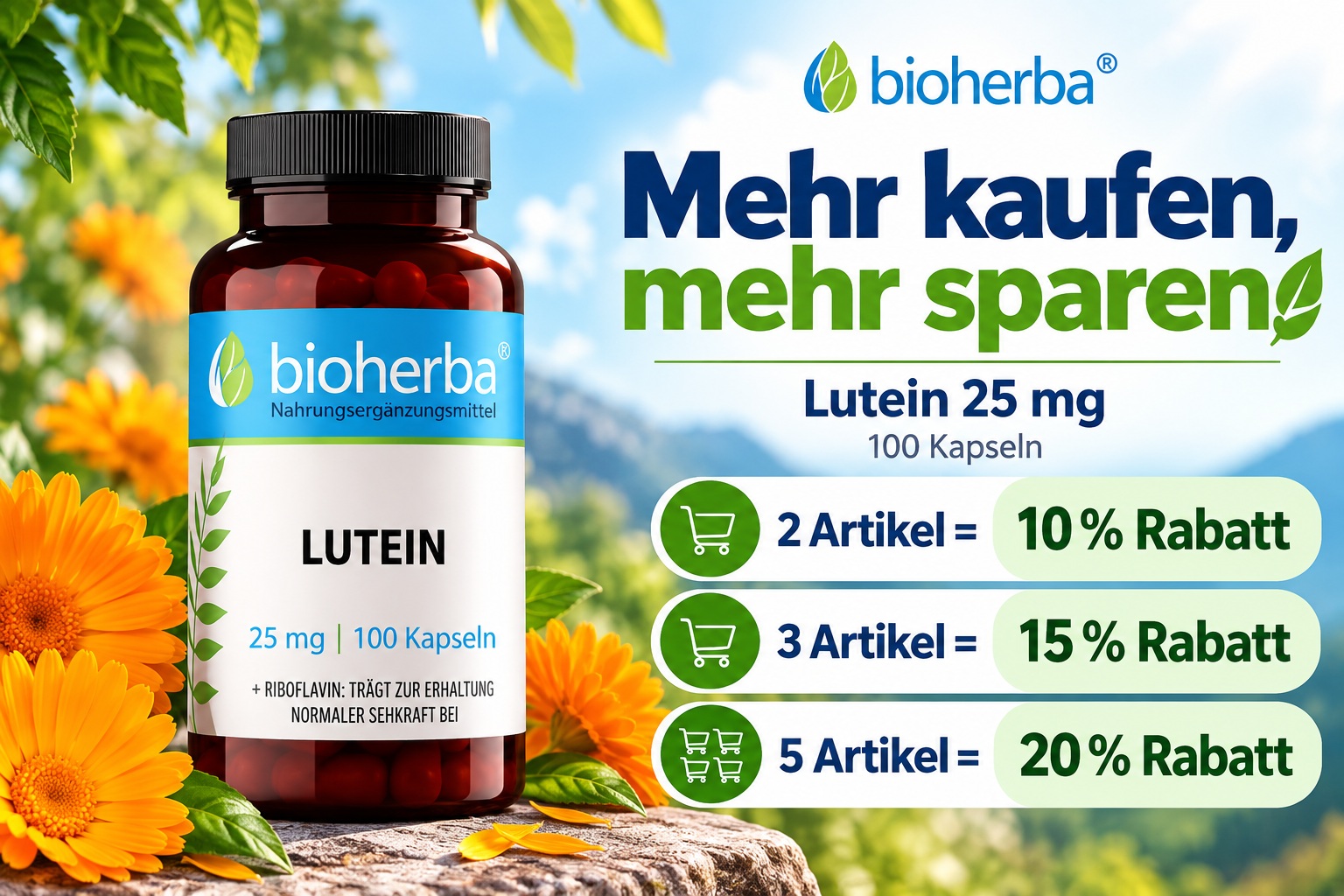 Bioherba Lutein 25 mg – Mehr kaufen, mehr sparen: 10 % Rabatt ab 2 Artikeln, 15 % ab 3 Artikeln und 20 % ab 5 Artikeln.