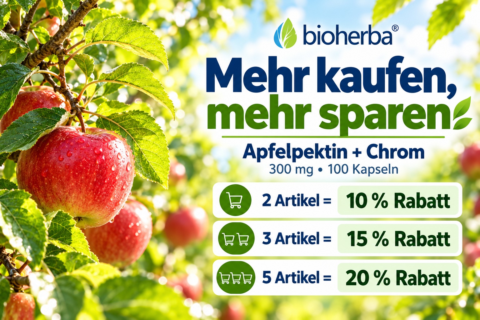 Mehr kaufen, mehr sparen: Bioherba Apfelpektin 300 mg mit Chrom &ndash; 10 % Rabatt bei 2 Packungen, 15 % bei 3 Packungen und 20 % bei 5 Packungen.