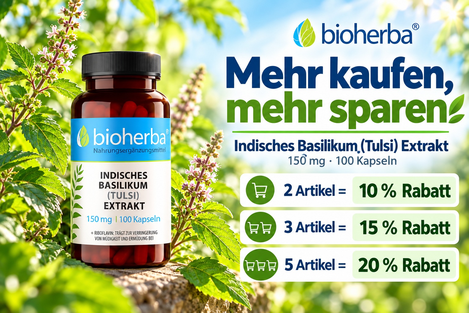 Mehr kaufen, mehr sparen: Bioherba Tulsi-Extrakt 150 mg &ndash; 10 % Rabatt bei 2 Packungen, 15 % bei 3 Packungen und 20 % bei 5 Packungen.