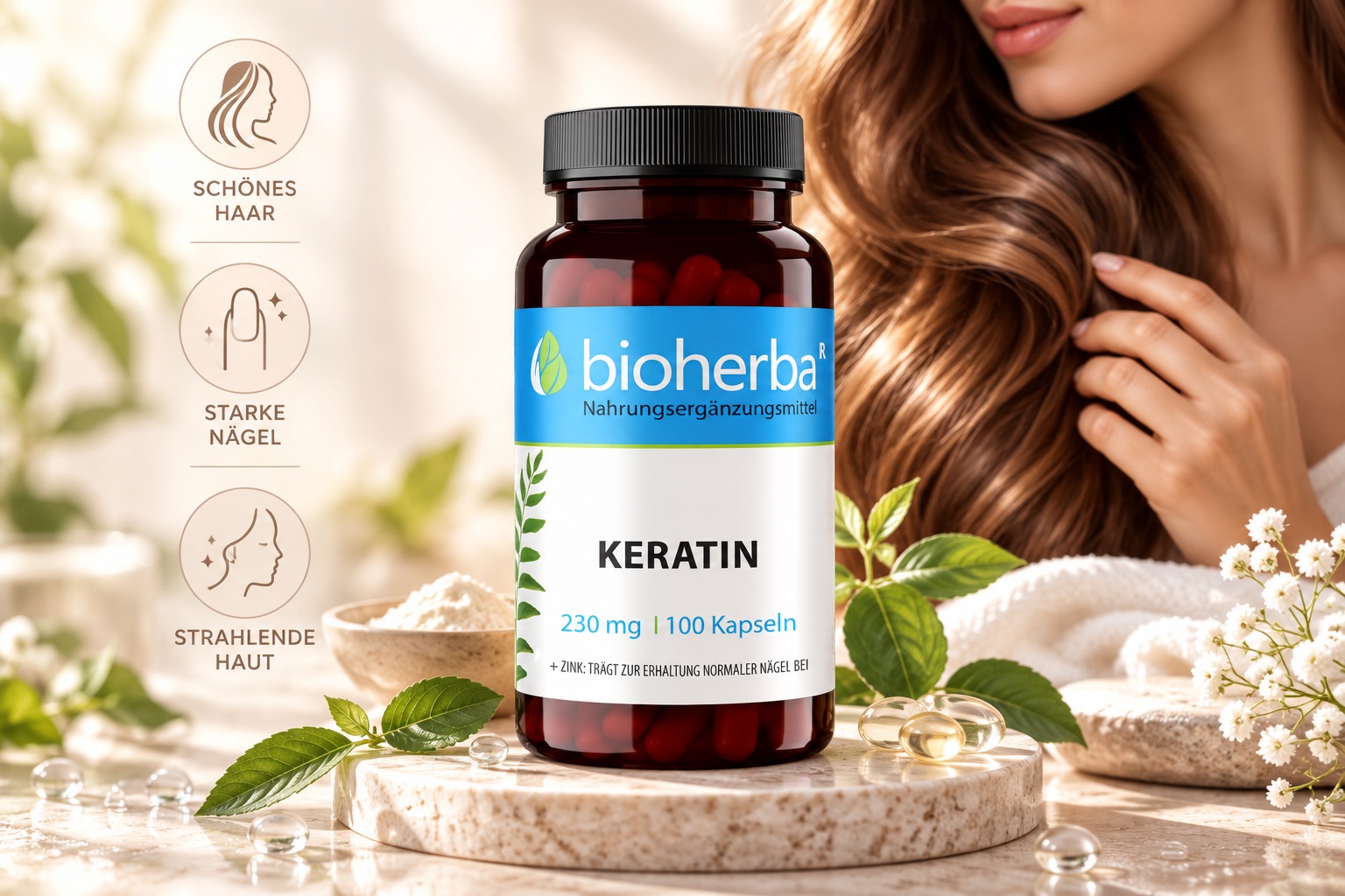 Bioherba Keratin Kapseln mit Zink im Mittelpunkt einer hellen Beauty- und Wellness-Szene mit gepflegtem Haar, N&auml;geln und Haut.