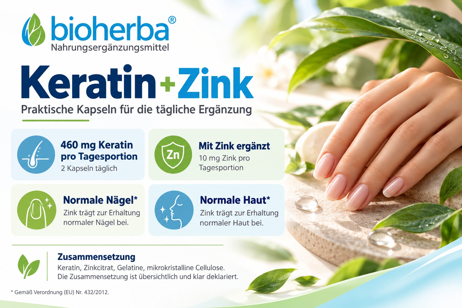 Bioherba Keratin mit Zink &ndash; 460 mg Keratin und 10 mg Zink pro Tagesportion, mit Hinweisen auf normale N&auml;gel und normale Haut.