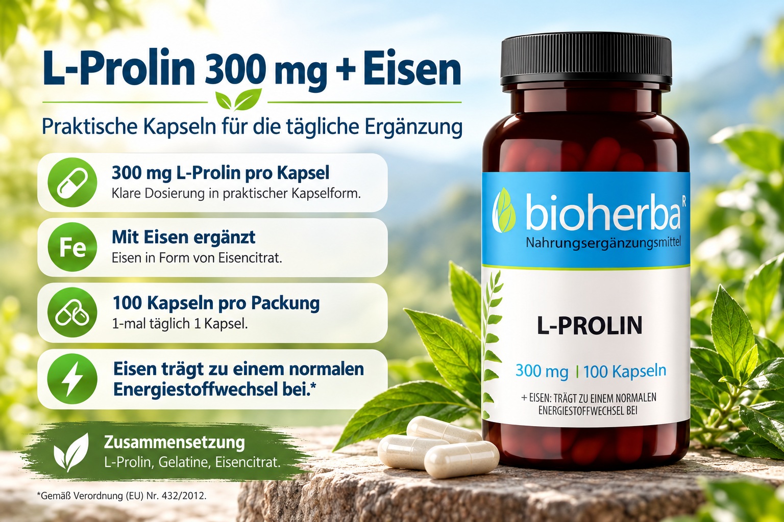 Bioherba L-Prolin mit 300 mg pro Kapsel und Eisen als Eisencitrat. Eisen tr&auml;gt zu einem normalen Energiestoffwechsel bei.