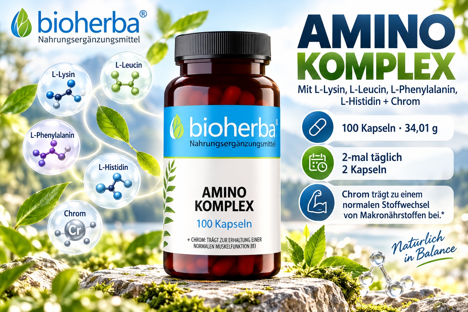 Bioherba Amino Komplex mit L-Lysin, L-Leucin, L-Phenylalanin, L-Histidin und Chrom in nat&uuml;rlicher Lifestyle-Szene.