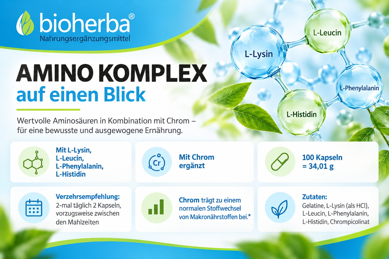Bioherba Amino Komplex auf einen Blick &ndash; vier freie Aminos&auml;uren, Chrom, 100 Kapseln und Verzehrempfehlung.