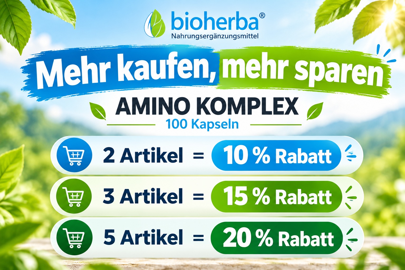 Bioherba Amino Komplex &ndash; Mehr kaufen, mehr sparen: 10 % Rabatt ab 2 Artikeln, 15 % ab 3 und 20 % ab 5 Artikeln.