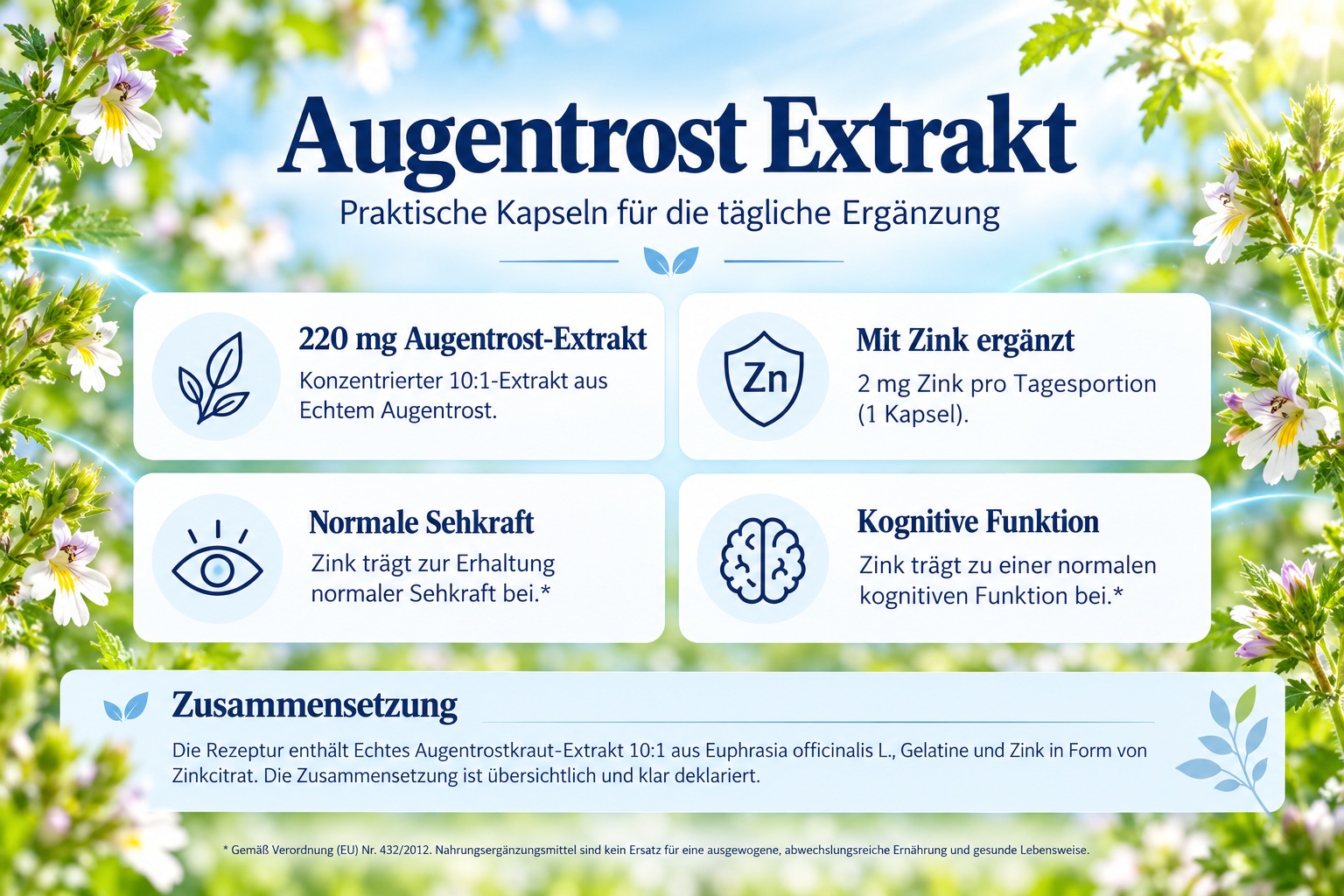 Bioherba Augentrost Extrakt 220 mg mit Zink – Infografik zur Zusammensetzung und zu den Funktionen von Zink für normale Sehkraft und kognitive Funktion, umrahmt von Augentrostblüten.