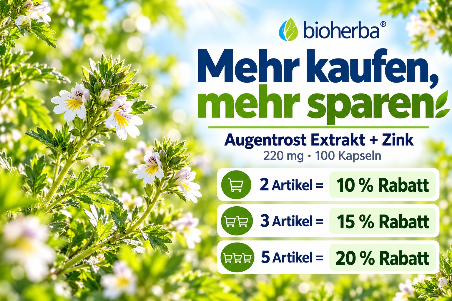 Mehr kaufen, mehr sparen: Bioherba Augentrost Extrakt 220 mg mit Zink – 10 % Rabatt bei 2 Packungen, 15 % bei 3 Packungen und 20 % bei 5 Packungen.