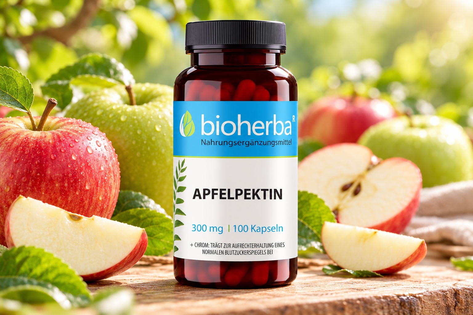 Bioherba Apfelpektin 300 mg &ndash; 100 Kapseln auf einem Holztisch, umgeben von roten und gr&uuml;nen &Auml;pfeln, Apfelst&uuml;cken und frischen Bl&auml;ttern.