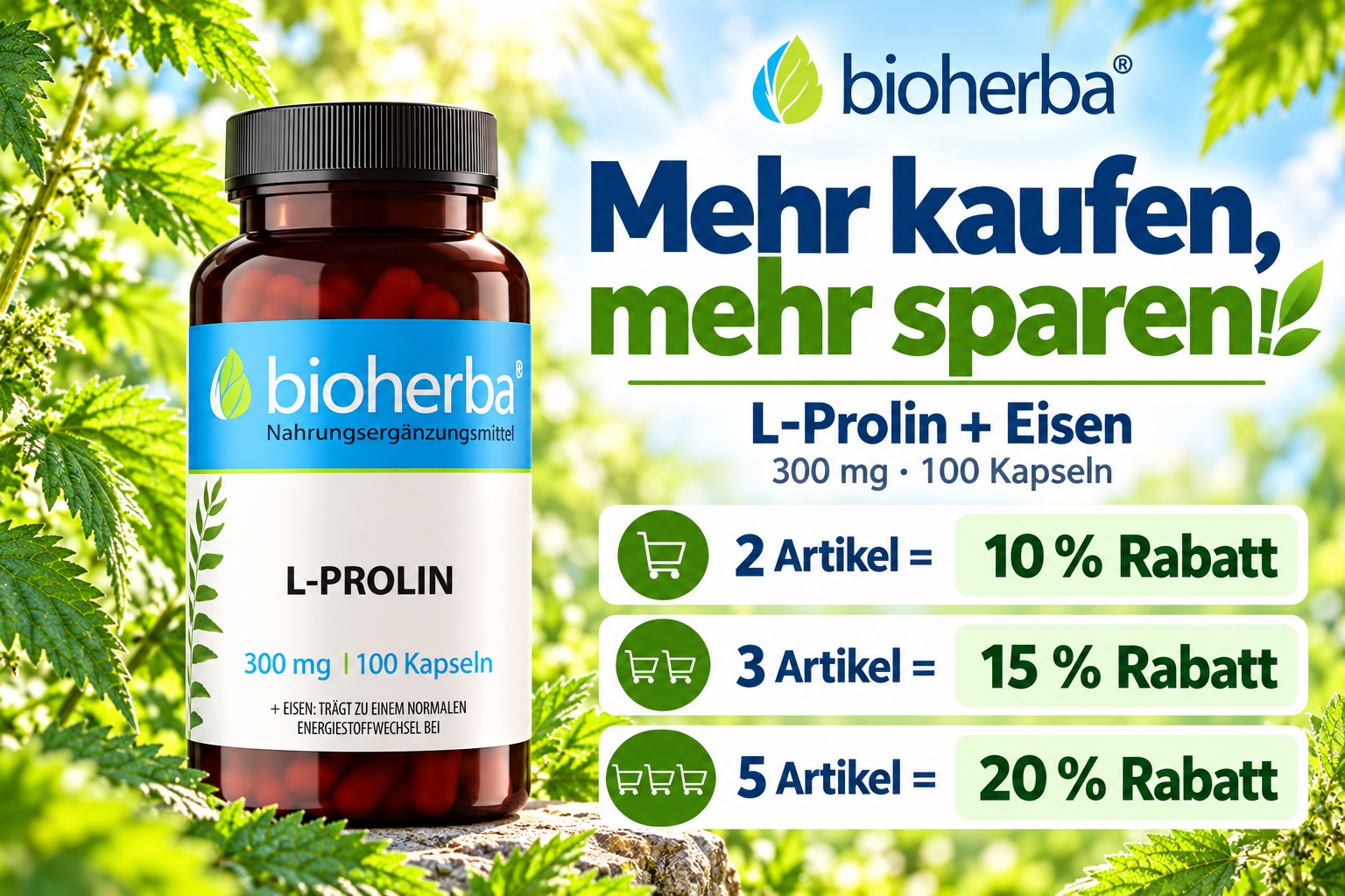 Bioherba L-Prolin 300 mg &ndash; 10 % Rabatt bei 2 Packungen, 15 % bei 3 Packungen und 20 % bei 5 Packungen.