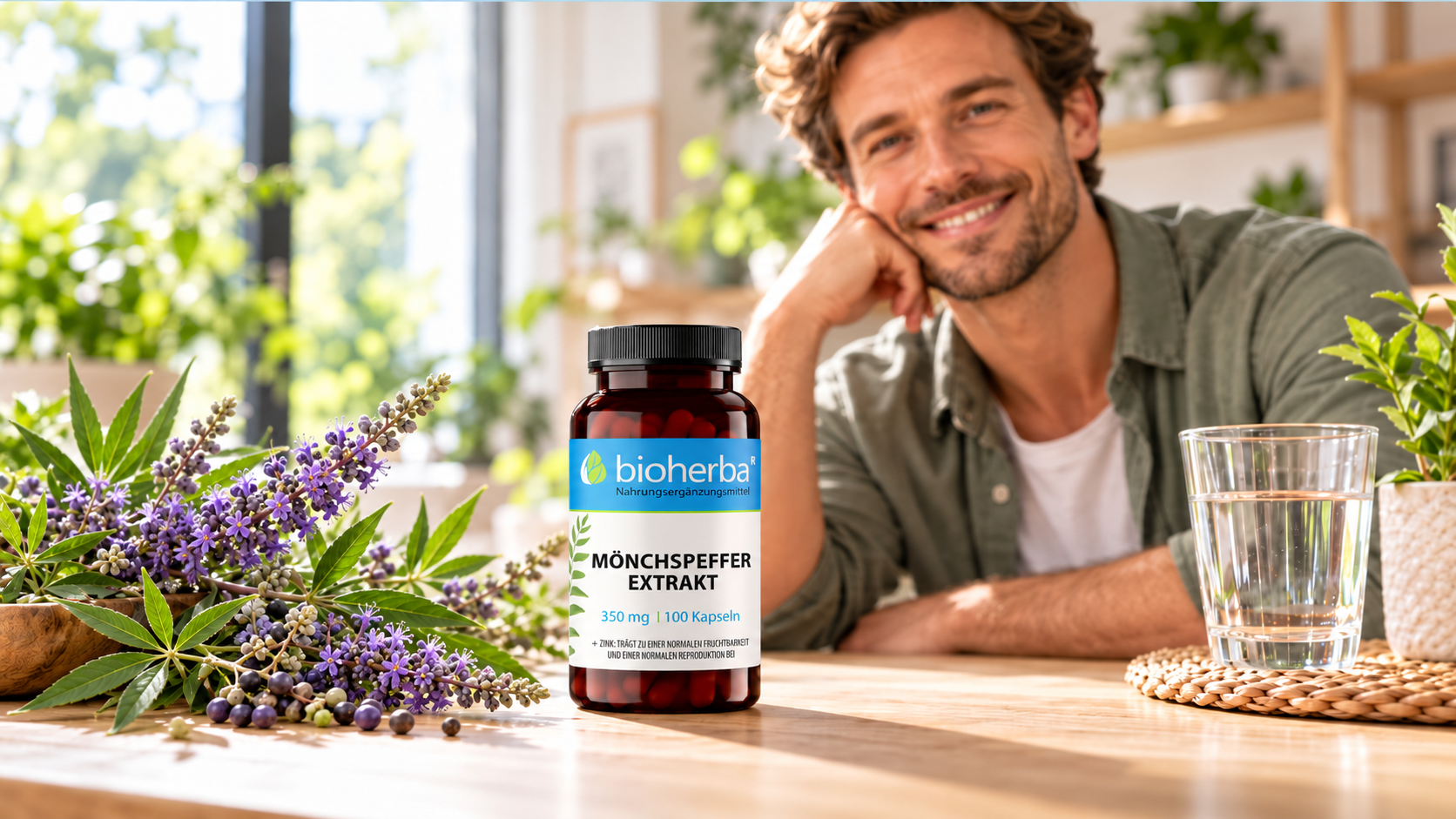 Bioherba M&ouml;nchspfeffer Extrakt 350 mg mit Zink, 100 Kapseln, neben M&ouml;nchspfeffer-Bl&uuml;ten und einem Glas Wasser in heller Lifestyle-Szene.