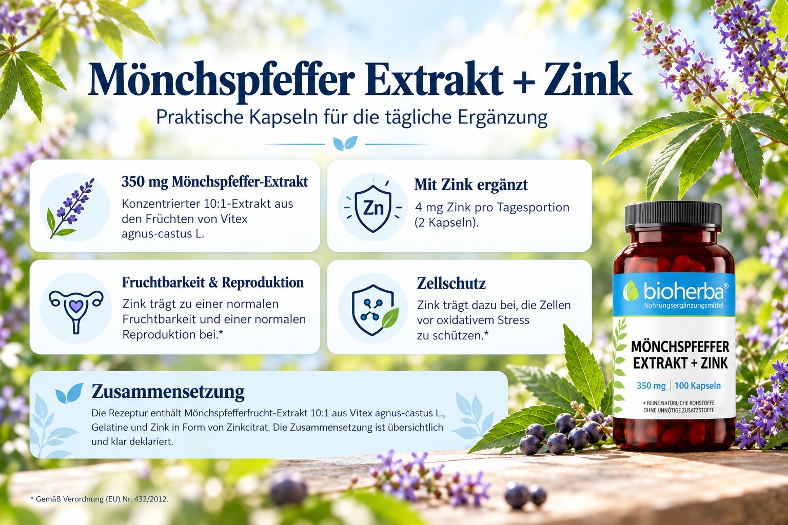 Informationsbanner von Bioherba f&uuml;r M&ouml;nchspfeffer Extrakt + Zink mit Produktvorteilen, Angaben zu 350 mg M&ouml;nchspfeffer-Extrakt, Zink, Fruchtbarkeit und Reproduktion, Zellschutz sowie der Zusammensetzung des Produkts.