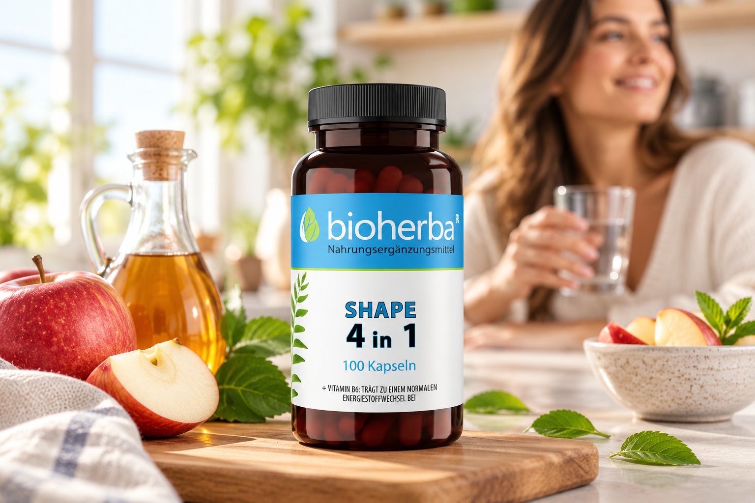 Bioherba Shape 4 in 1, 100 Kapseln, zentral im Fokus auf einem Holzbrett in heller K&uuml;chenszene mit &Auml;pfeln, Apfelessig und einer Frau im unscharfen Hintergrund mit Wasserglas.