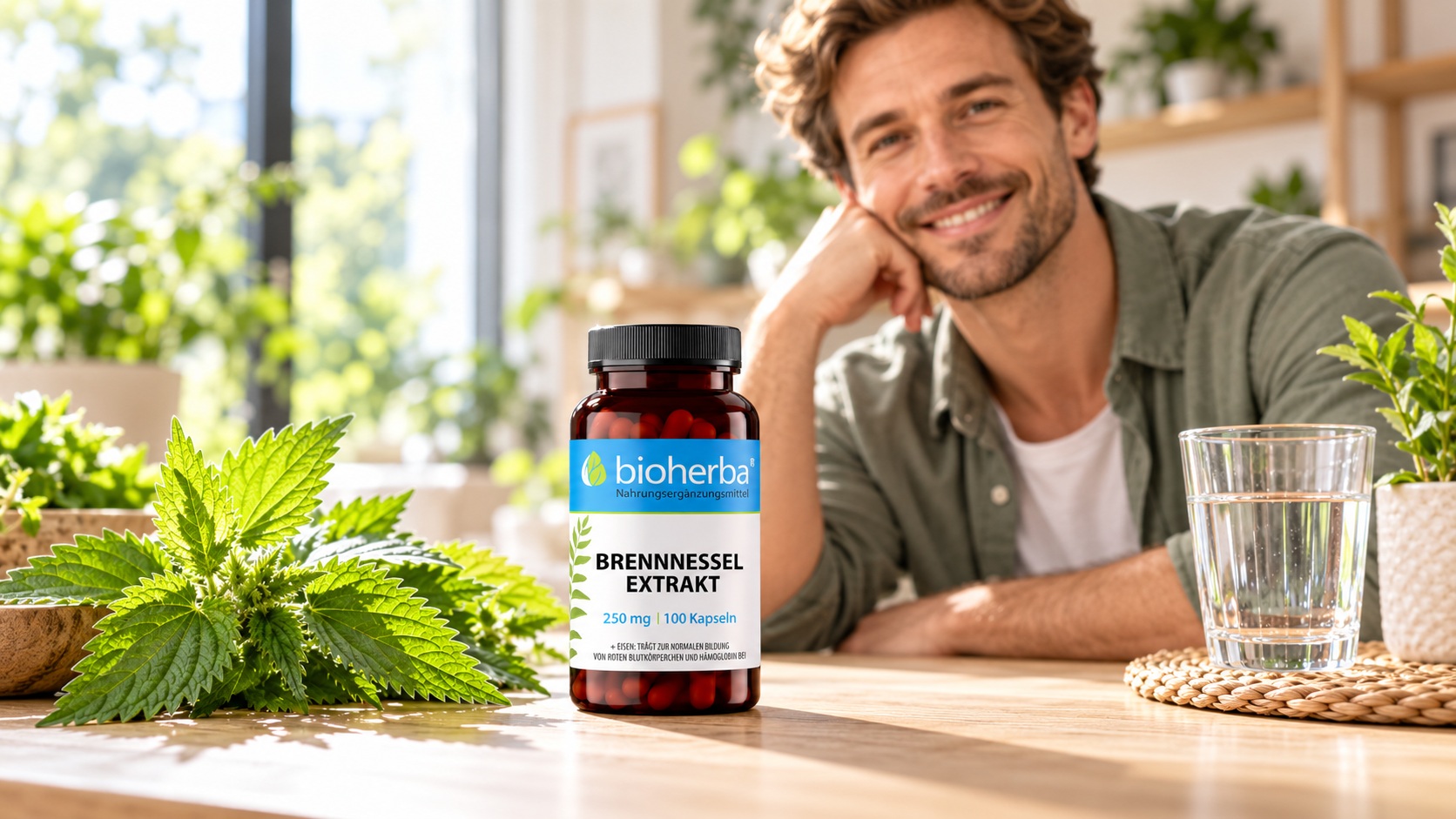 Bioherba Brennnessel Extrakt 250 mg mit Eisen &ndash; 100 Kapseln auf einem Tisch mit Brennnesselbl&auml;ttern und einem Mann im Hintergrund