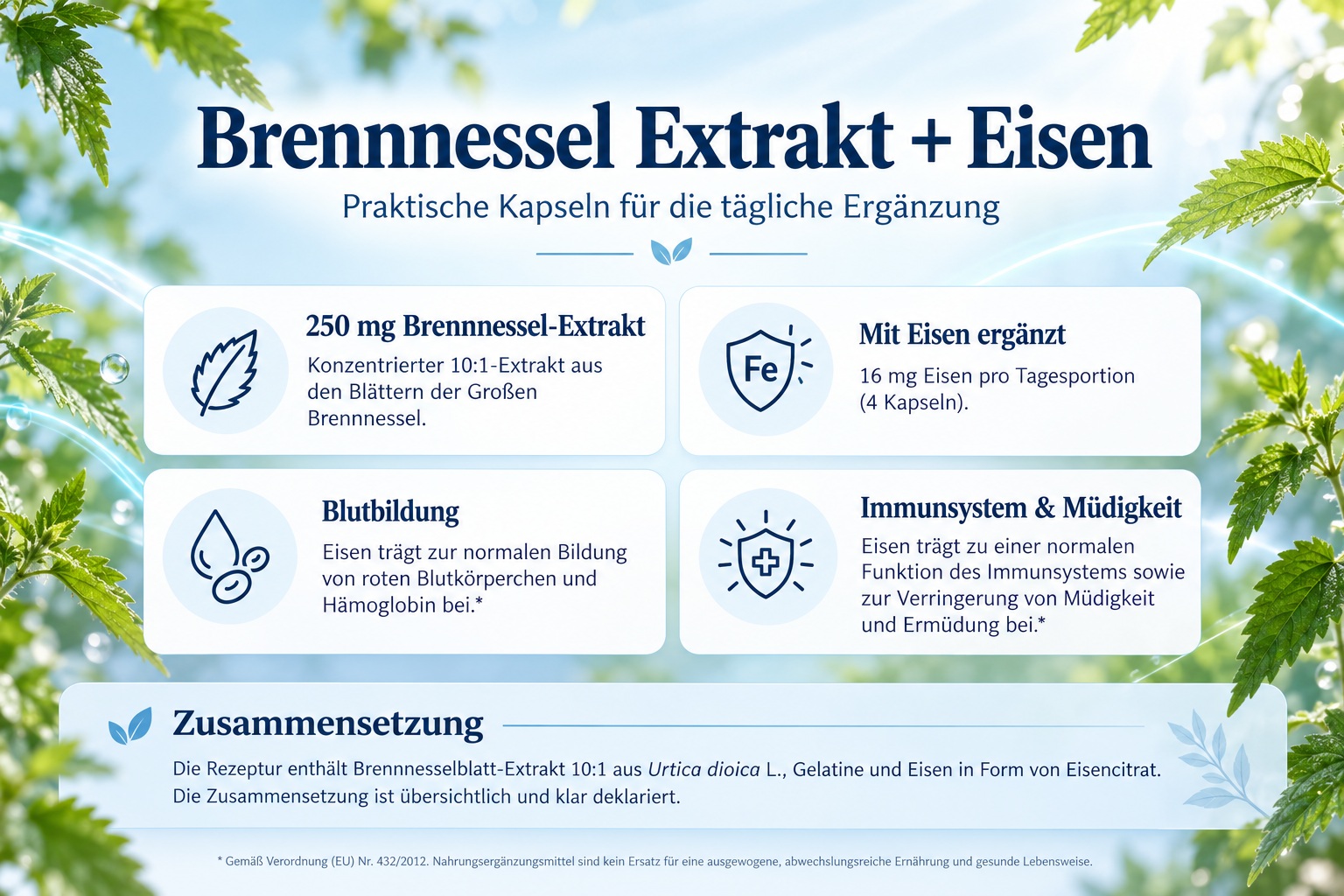 Infografik zu Bioherba Brennnessel Extrakt mit Eisen mit Produktvorteilen, Zusammensetzung und Informationen 