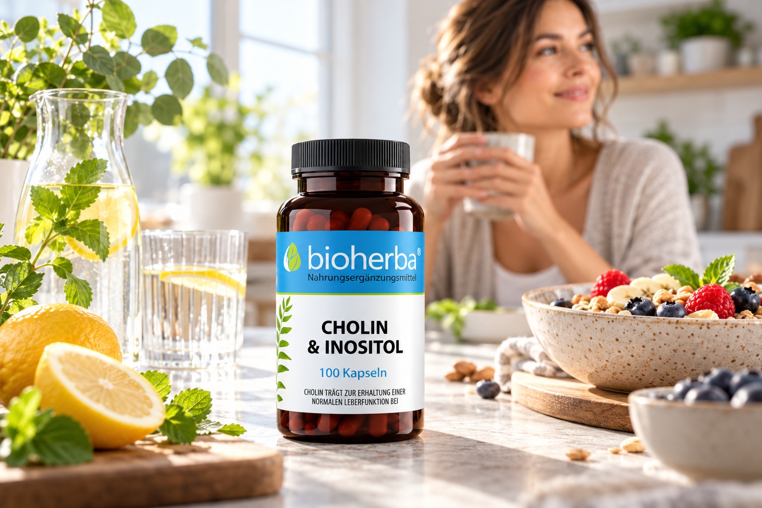 Bioherba Cholin & Inositol, 100 Kapseln, im Vordergrund auf einem hellen K&uuml;chentisch mit Wasser, Zitrone und Fr&uuml;hst&uuml;cksschale; im Hintergrund eine Frau mit einem Glas Wasser.