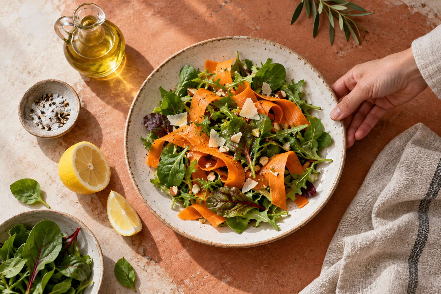 Serviervorschlag: Karotten-Blattsalat mit Zitrone und Öl-Karaffe auf einem terrakottafarbenen Tisch