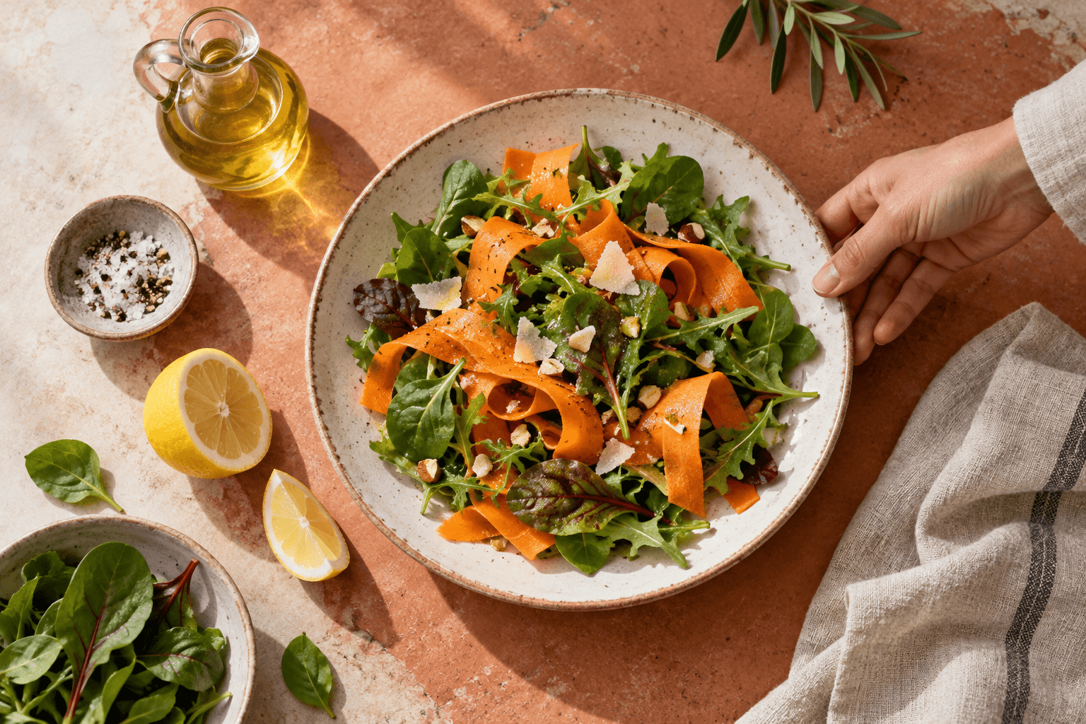 Serviervorschlag: Karotten-Blattsalat mit Zitrone und &Ouml;l-Karaffe auf einem terrakottafarbenen Tisch