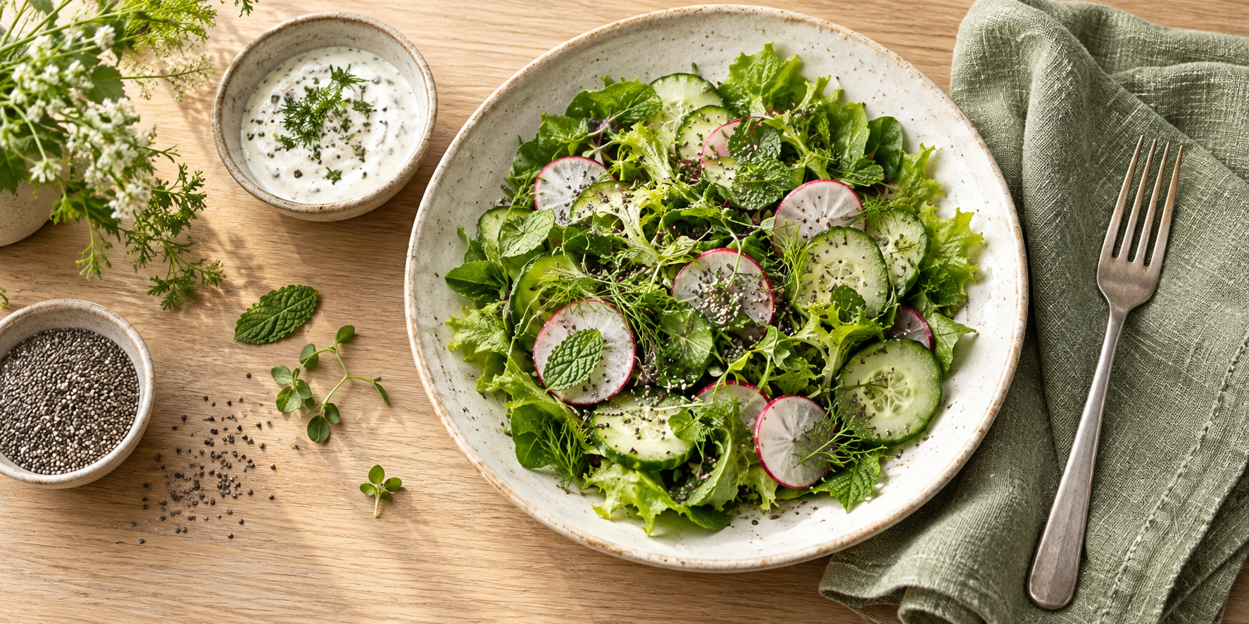 Kalter Salat mit Gurken, Radieschen und Kräutern