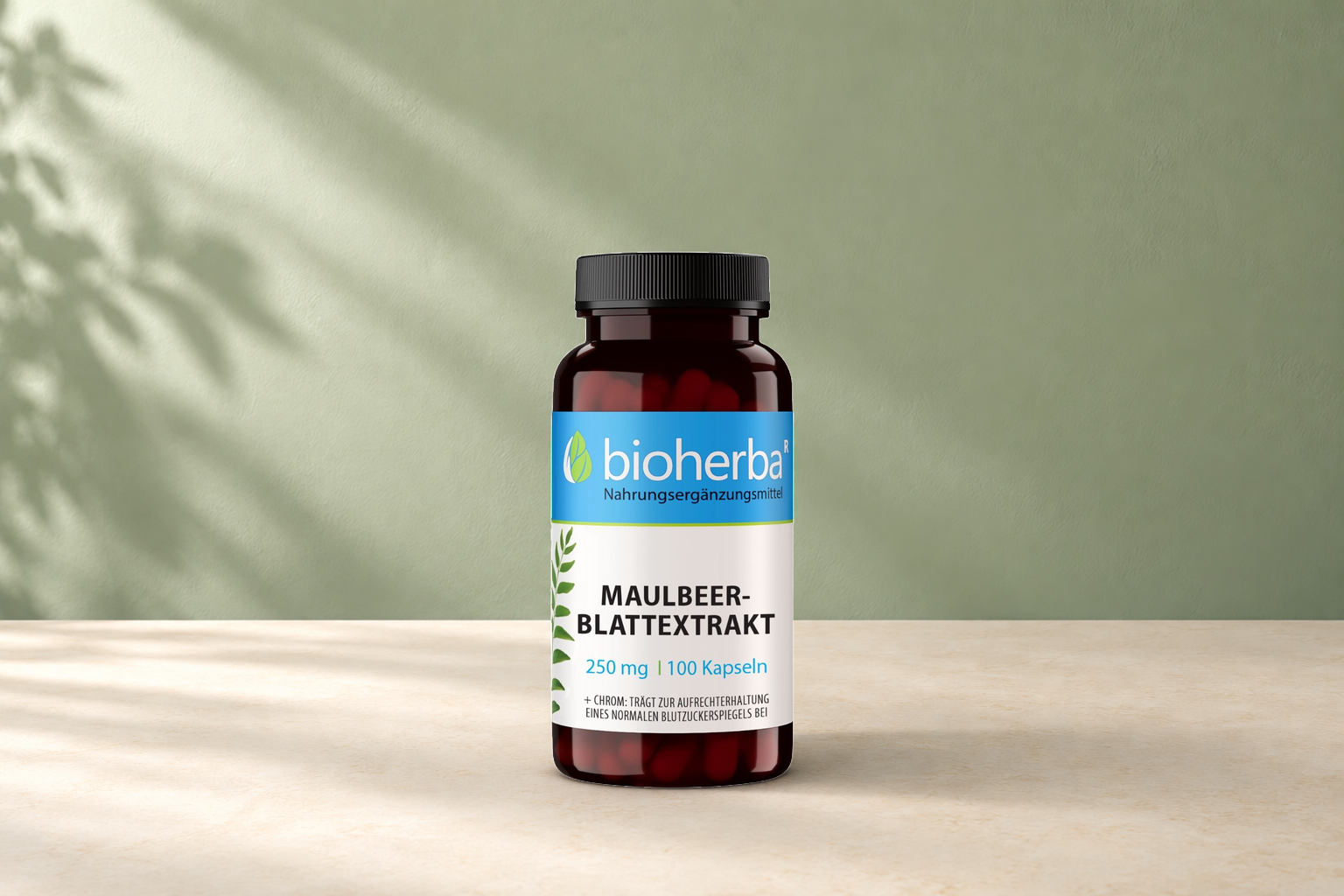 Maulbeerblattextrakt 250 mg &ndash; 100 Kapseln vor einer gr&uuml;nen Wand