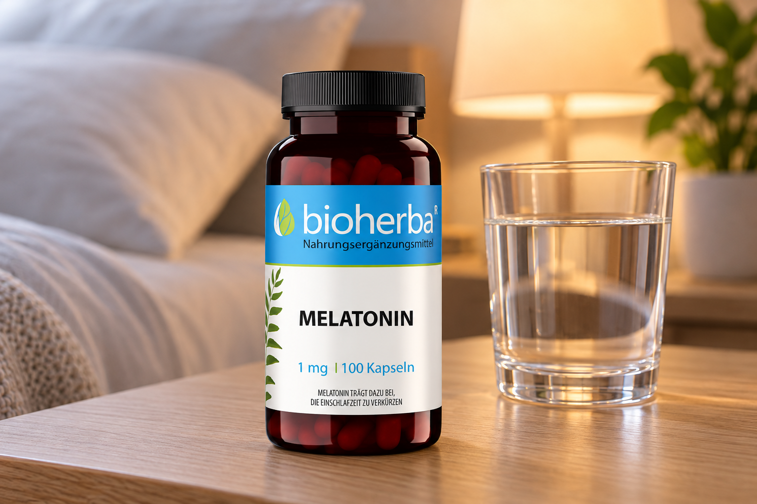 Bioherba Brennnessel Extrakt 250 mg mit Eisen &ndash; 100 Kapseln auf einem Tisch mit Brennnesselbl&auml;ttern und einem Mann im Hintergrund