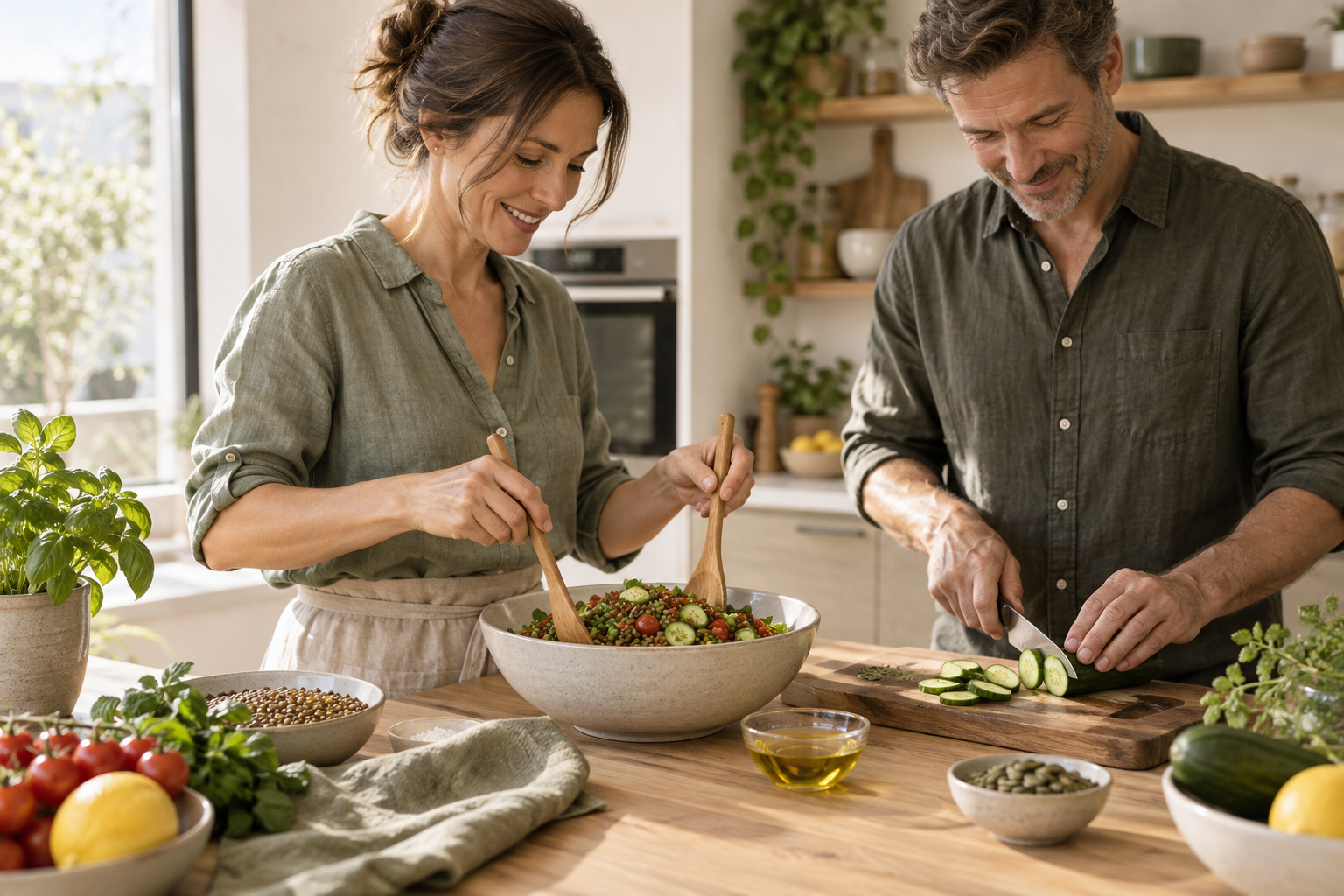 Zwei Erwachsene bereiten einen Linsen-Gurken-Salat an einer hellen Kücheninsel zu