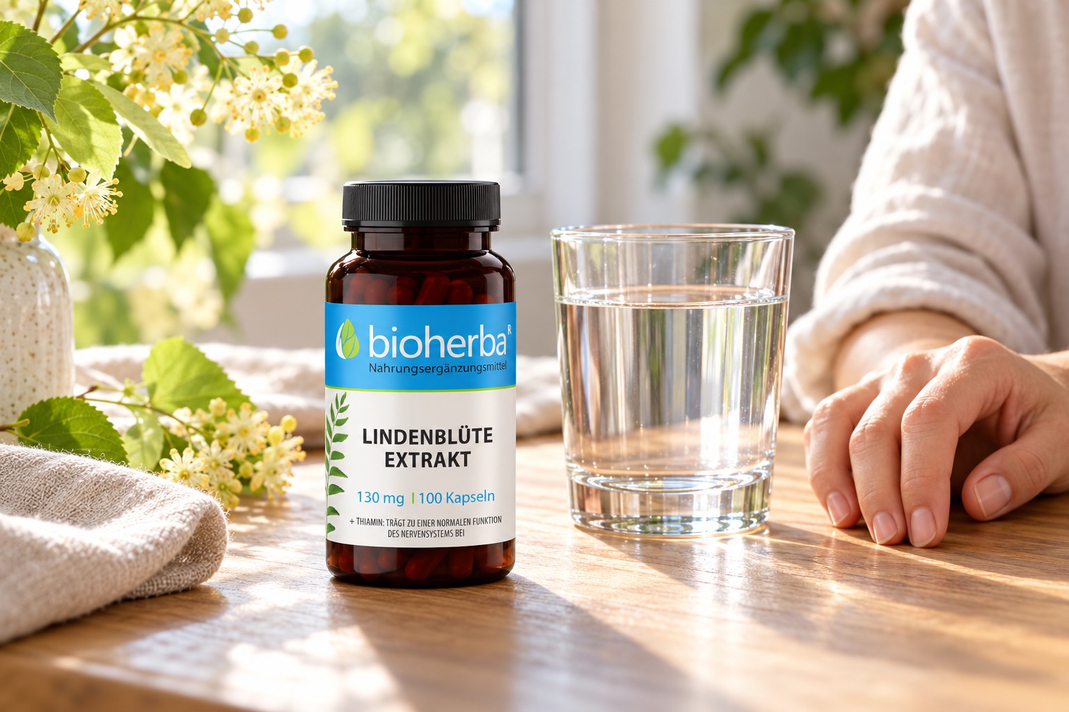 Bioherba Lindenbl&uuml;te Extrakt 130 mg neben einem Glas Wasser im Alltag &ndash; KI-generierte Lifestyle-Darstellung