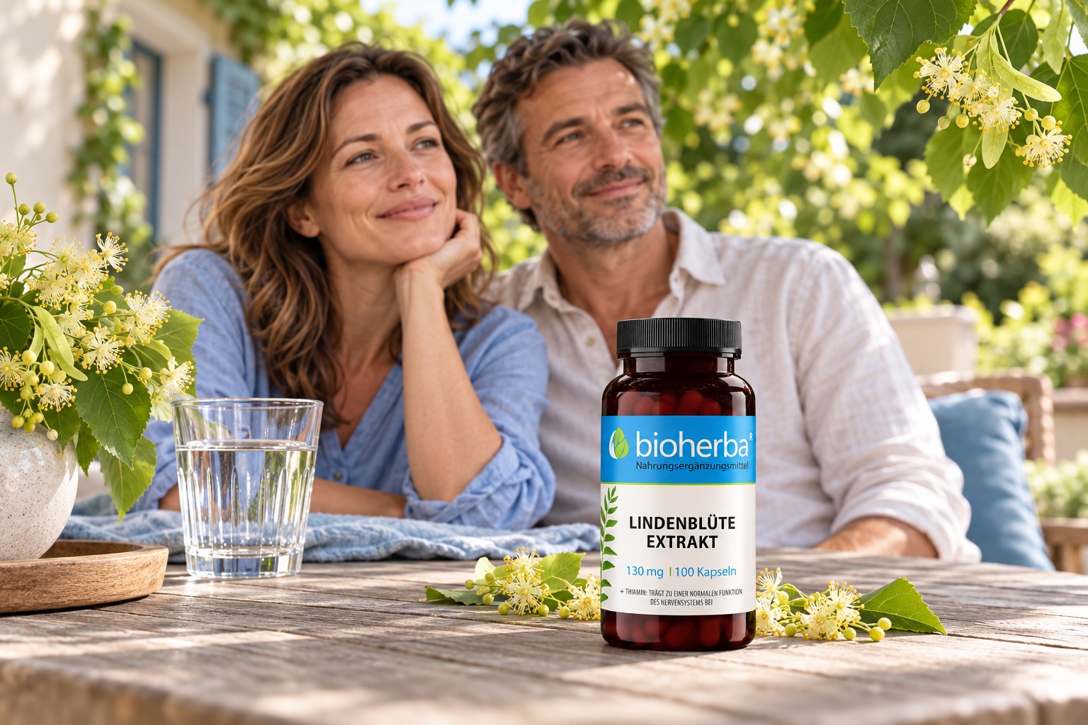 Bioherba Lindenbl&uuml;te Extrakt 130 mg mit einem erwachsenen Paar auf einer Gartenterrasse &ndash; KI-generierte Lifestyle-Darstellung