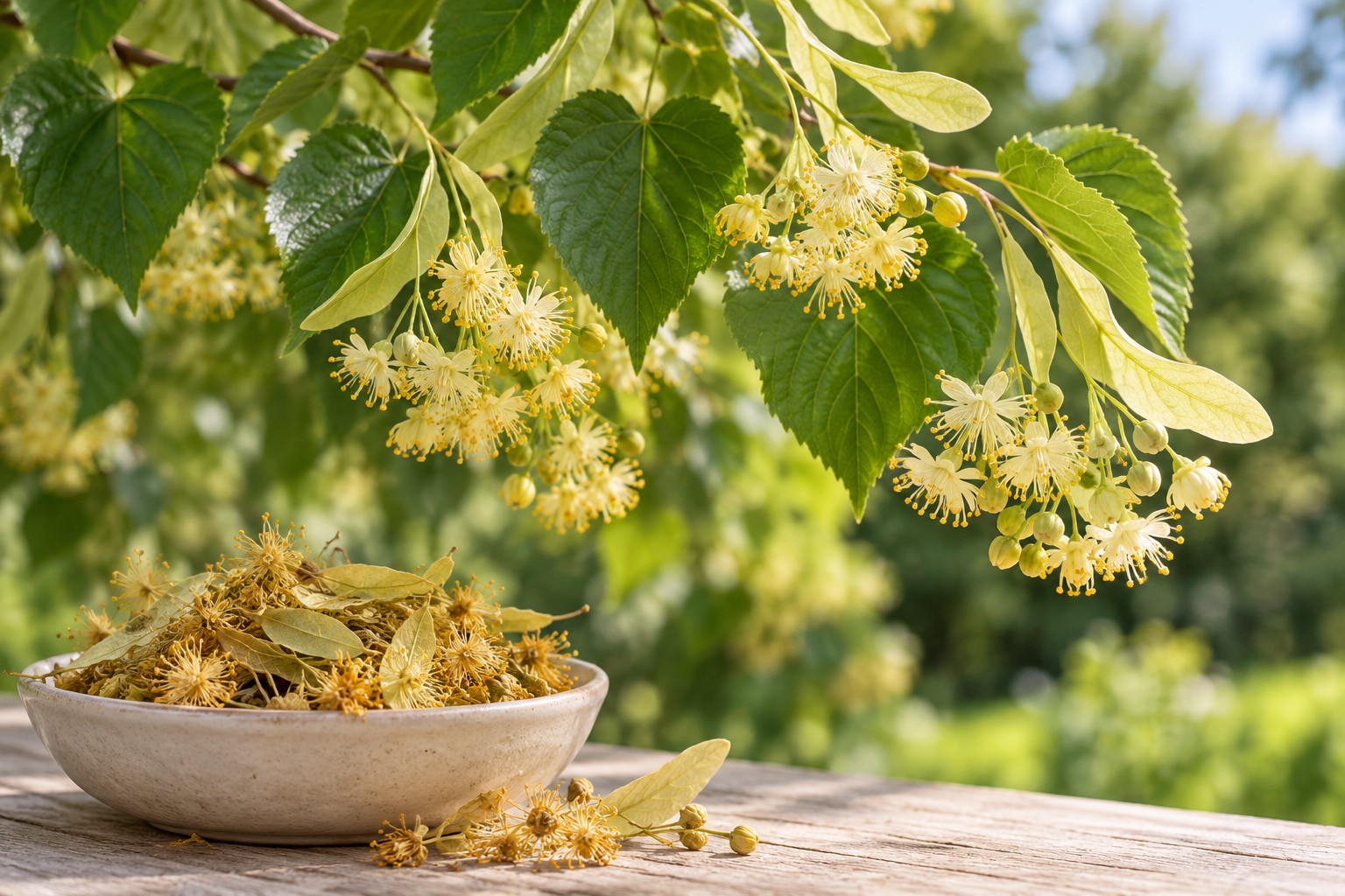 Bl&uuml;ten und Bl&auml;tter der Sommer-Linde als botanische Illustration f&uuml;r Bioherba Lindenbl&uuml;te Extrakt &ndash; KI-generierte Darstellung