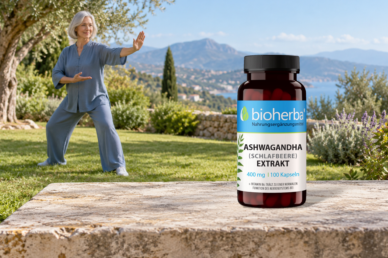 Ashwagandha Extrakt &ndash; Produktflasche in einer Szene mit Menschen