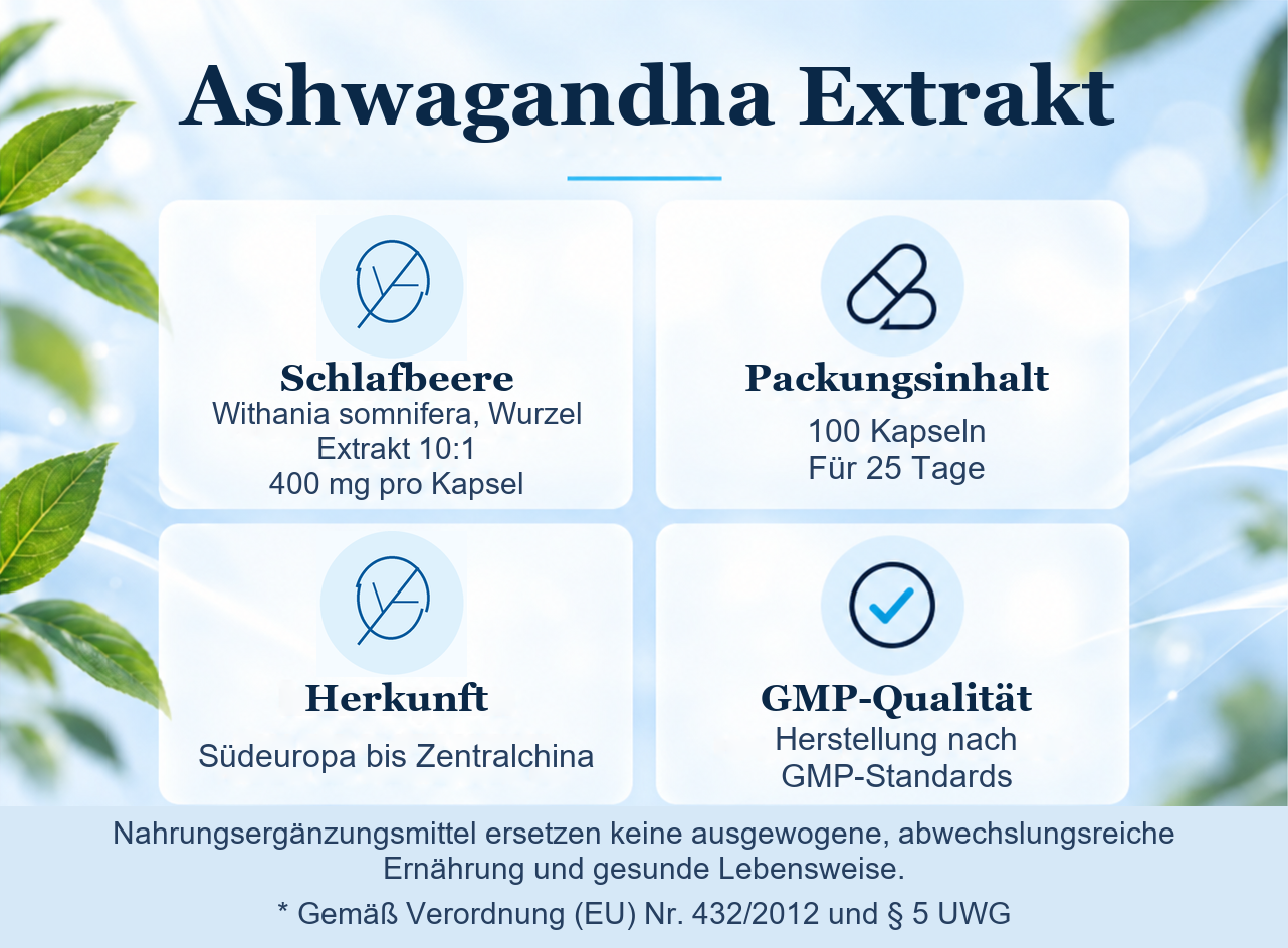 Ashwagandha Extrakt: Pflanze, 100 Kapseln f&uuml;r 25 Tage, Herkunft und GMP-Qualit&auml;t
