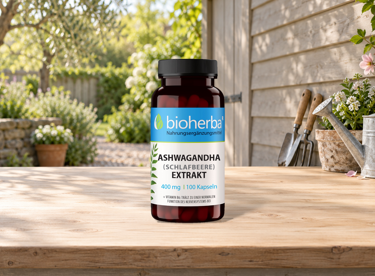 Ashwagandha Extrakt &ndash; Produktflasche in einer Szene ohne Menschen