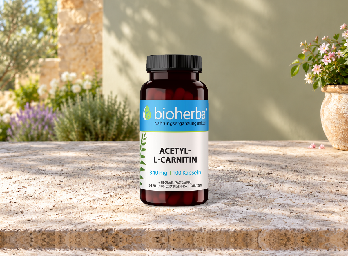 Acetyl-L-Carnitin – Produktflasche in einer Szene ohne Menschen