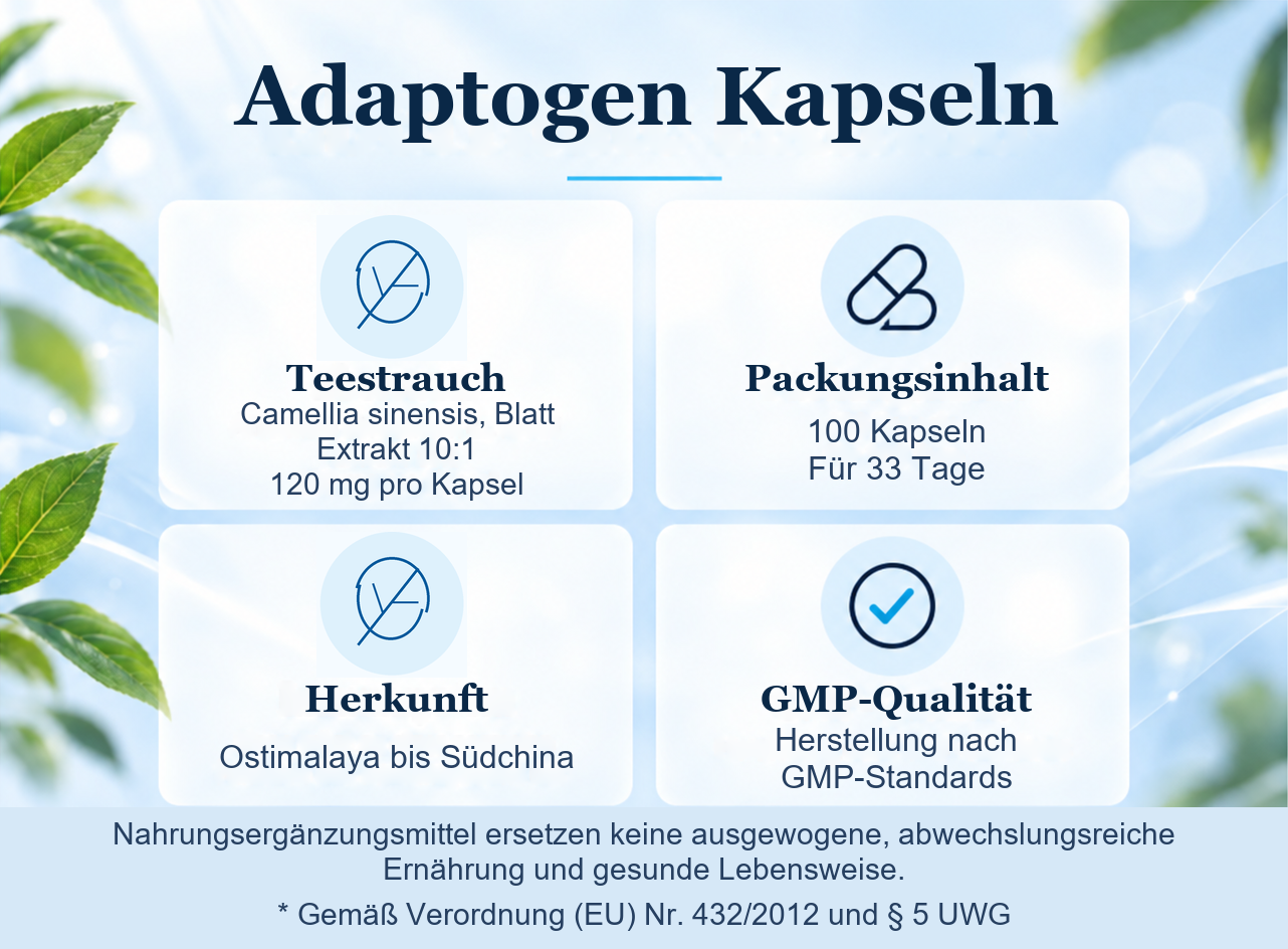 Adaptogen Kapseln: Zusammensetzung, 100 Kapseln f&uuml;r 33 Tage und Produktinformationen