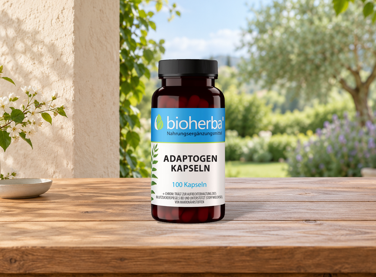 Adaptogen Kapseln &ndash; Produktflasche in einer Szene ohne Menschen