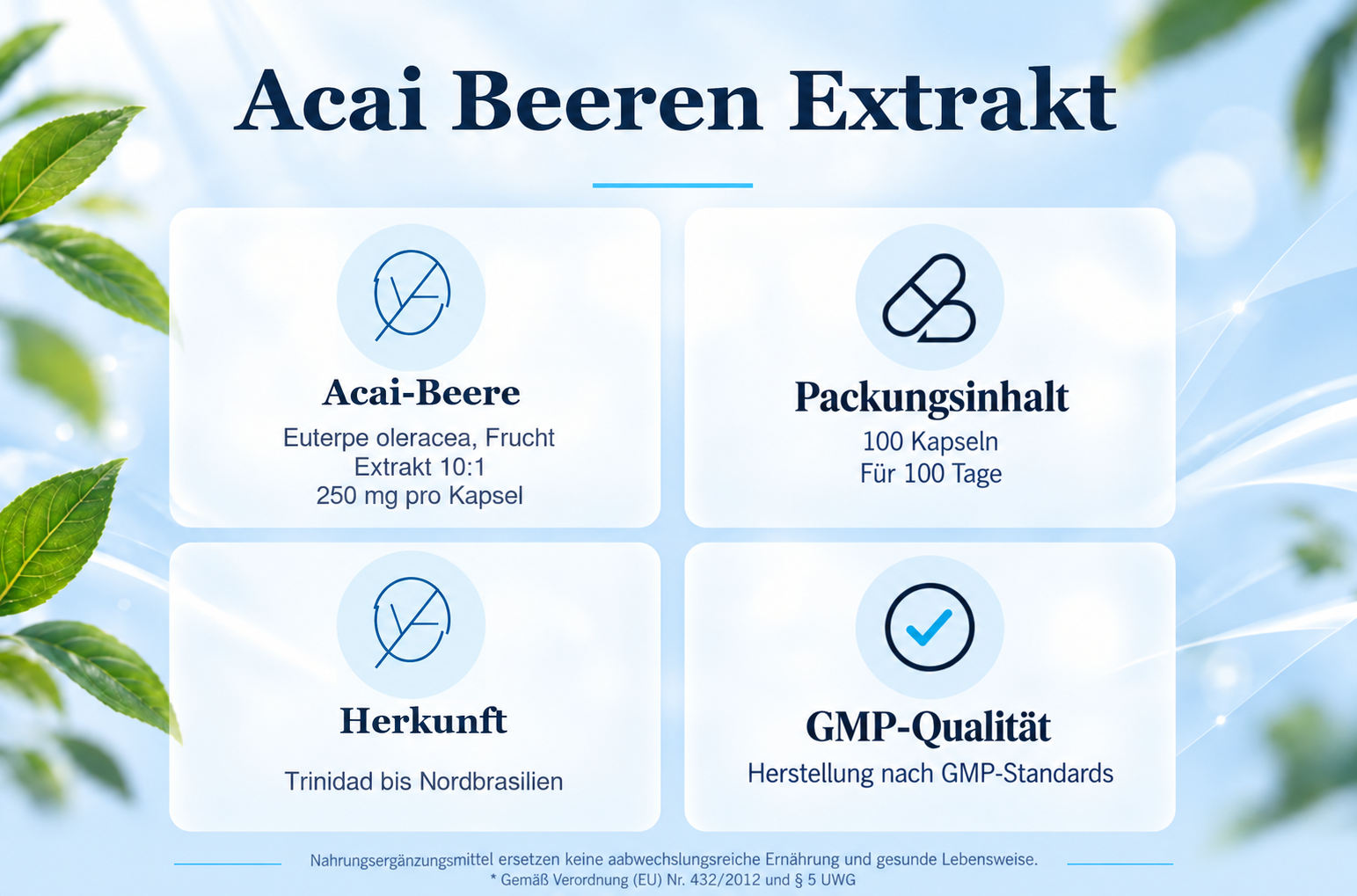 Acai-Beere: Euterpe oleracea, Frucht, Extrakt 10:1, 250 mg pro Kapsel. Packungsinhalt: 100 Kapseln f&uuml;r 100 Tage. Herkunft: Trinidad bis Nordbrasilien. GMP-Qualit&auml;t: Herstellung nach GMP-Standards. Nahrungserg&auml;nzungsmittel ersetzen keine abwechslungsreiche Ern&auml;hrung und gesunde Lebensweise. * Gem&auml;&szlig; Verordnung (EU) Nr. 432/2012 und &sect; 5 UWG.