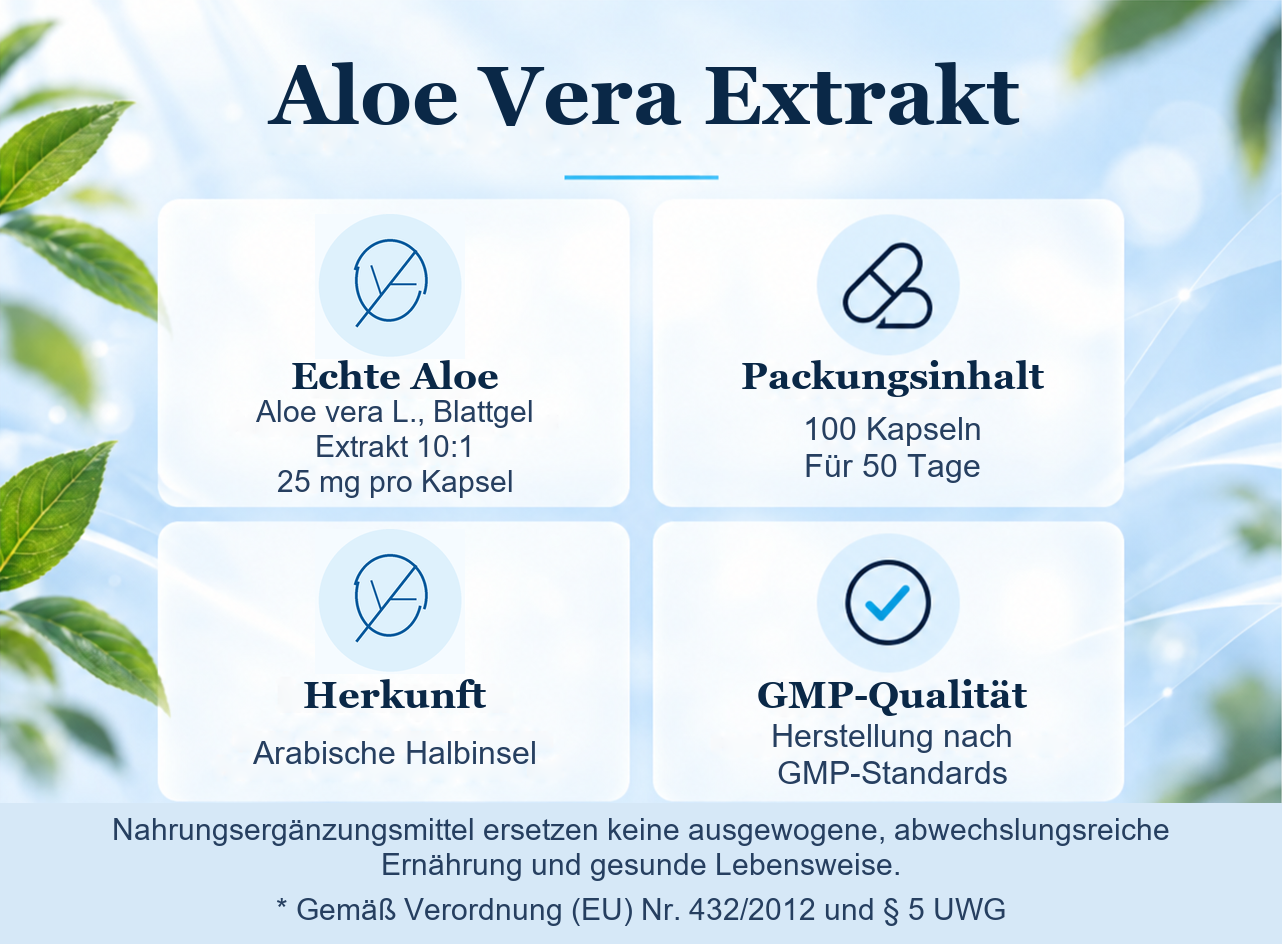 Aloe Vera Extrakt: Pflanze, 100 Kapseln für 50 Tage, Herkunft und GMP-Qualität