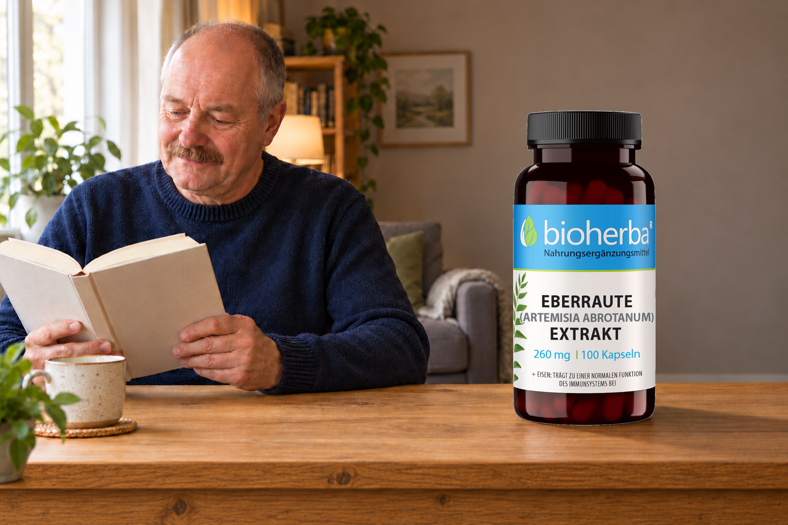 Eberraute Extrakt 260 mg – 100 Kapseln auf einem Tisch, ein Mann liest im Hintergrund