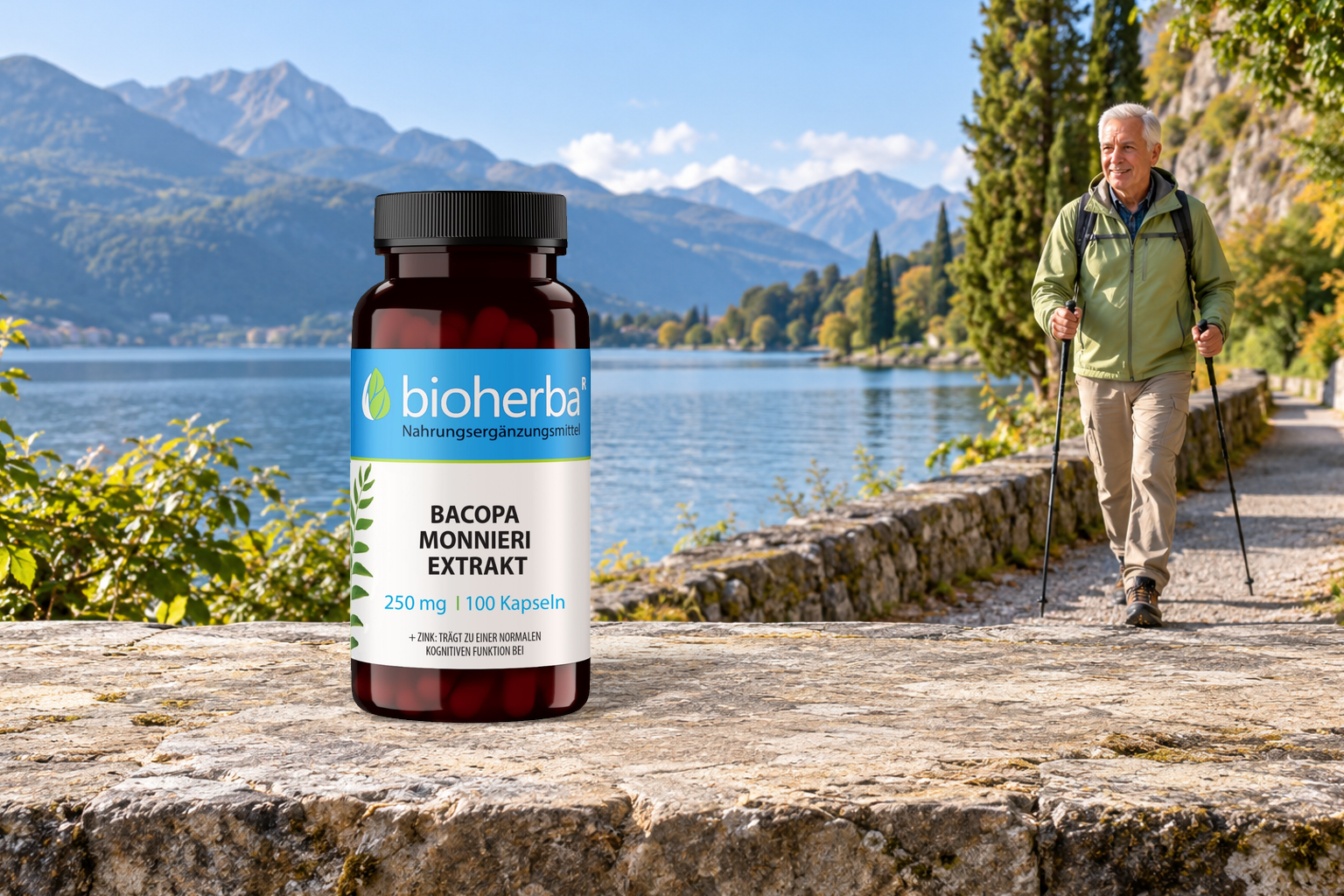 Bacopa Monnieri Extrakt &ndash; Produktflasche in einer Szene mit Menschen