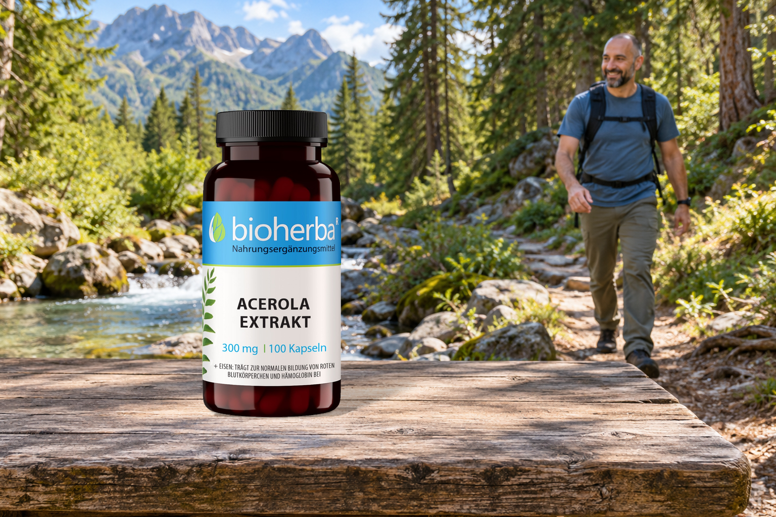Acerola Extrakt &ndash; Produktflasche in einer Szene mit Menschen