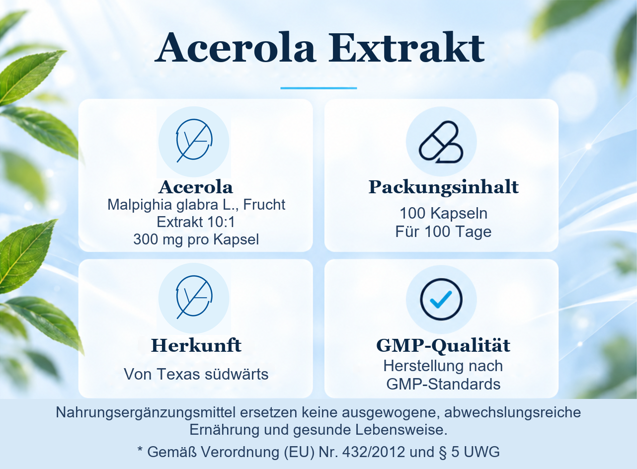 Acerola Extrakt: Zusammensetzung, 100 Kapseln f&uuml;r 100 Tage und Produktinformationen