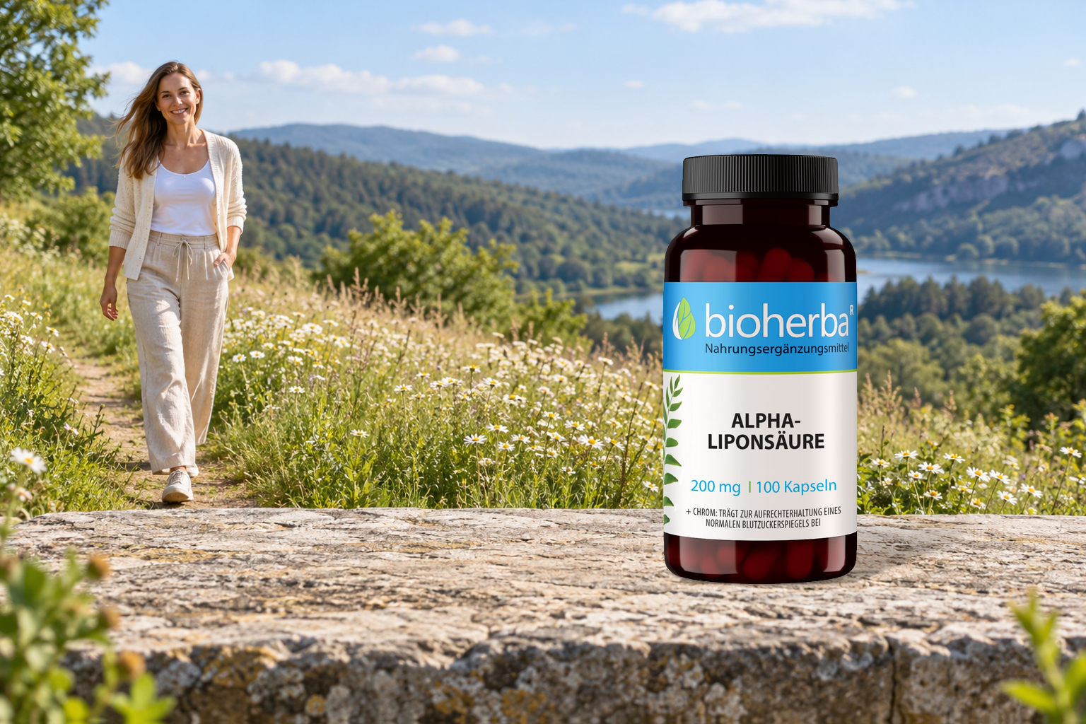 Alpha-Lipons&auml;ure &ndash; Produktflasche in einer Szene mit Menschen